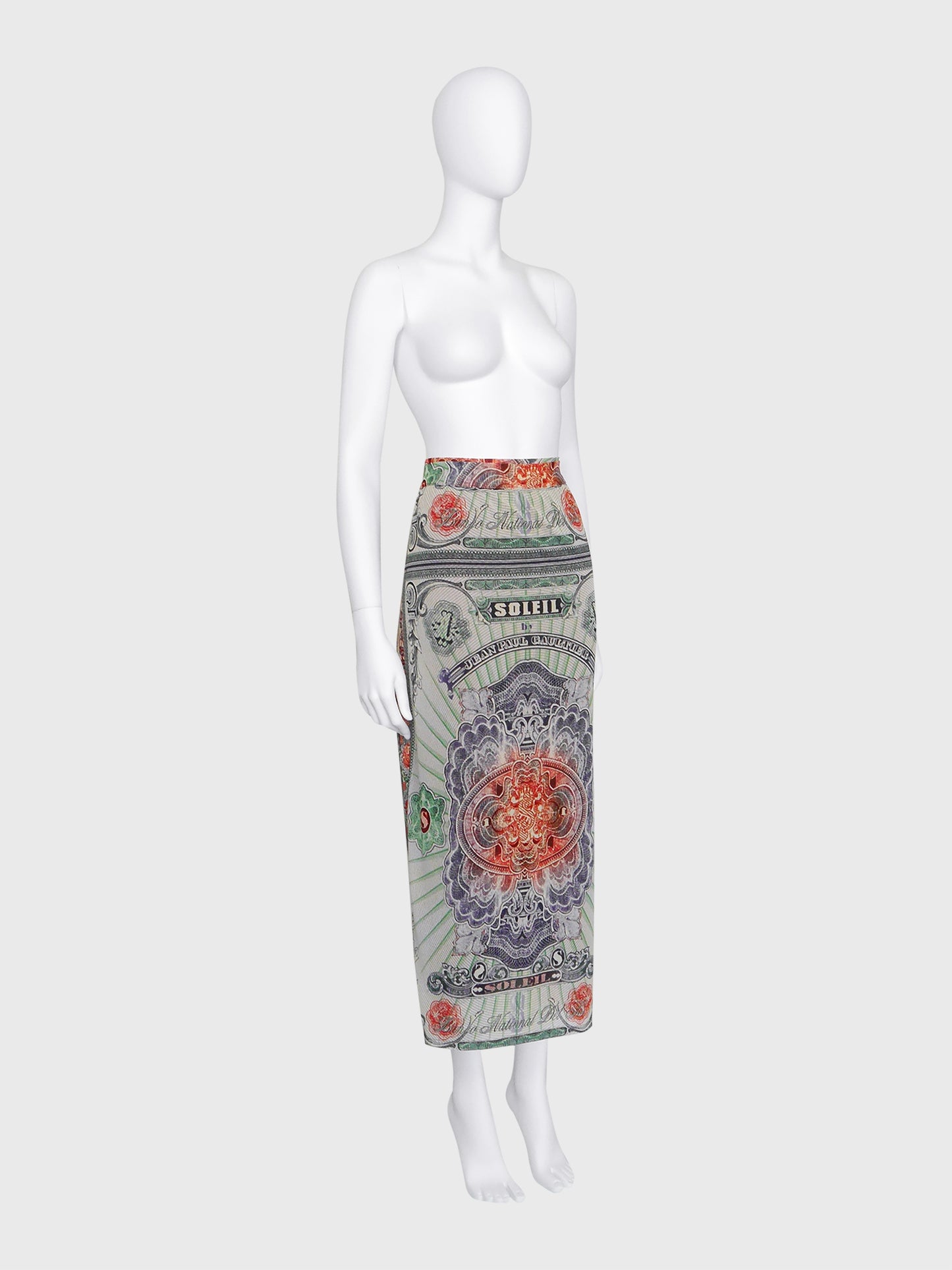 JEAN PAUL GAULTIER c. Spring 1994 Vintage Money Print Maxi Skirt Pareo Size XS-S