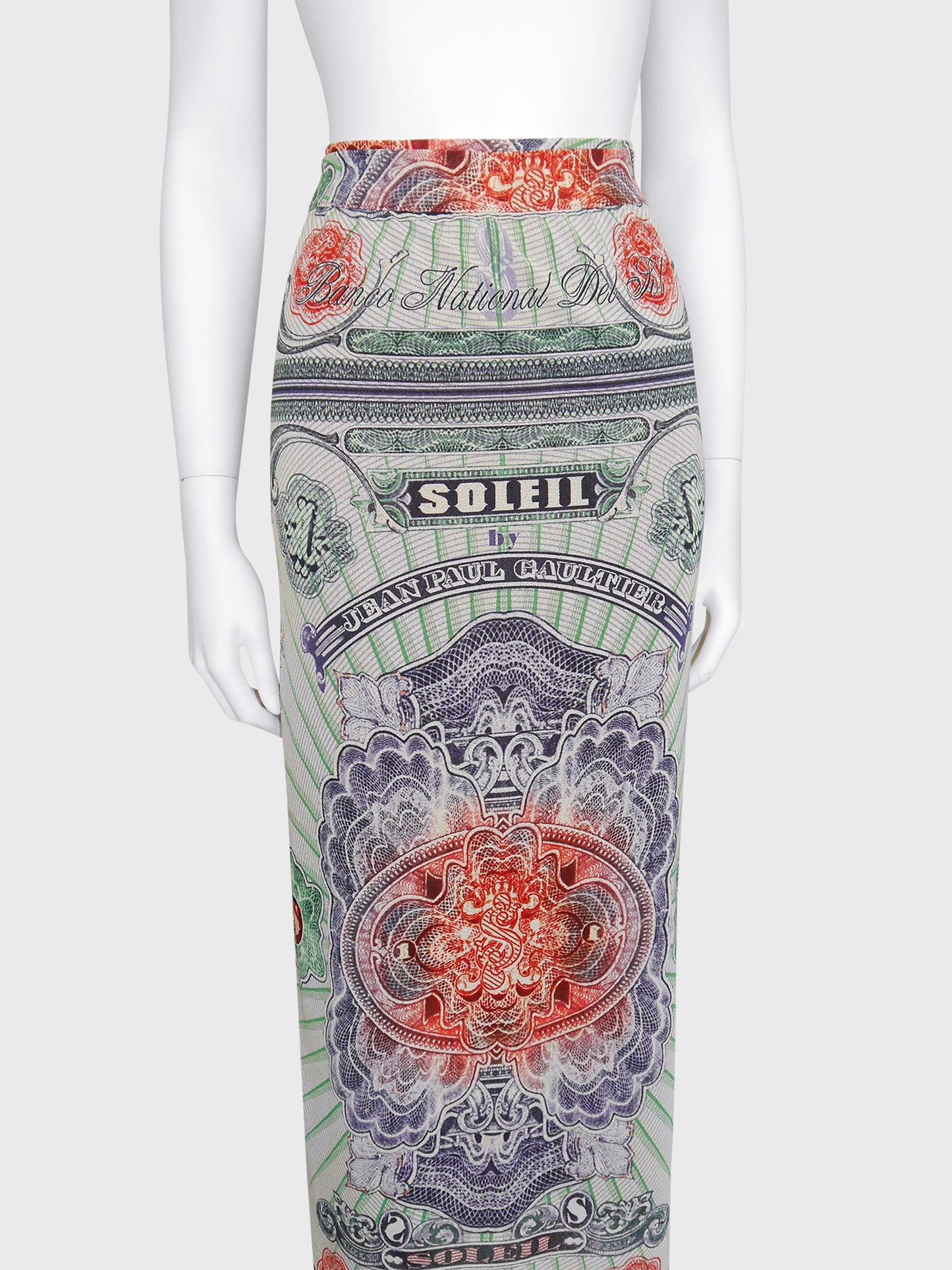 JEAN PAUL GAULTIER c. Spring 1994 Vintage Money Print Maxi Skirt Pareo Size XS-S