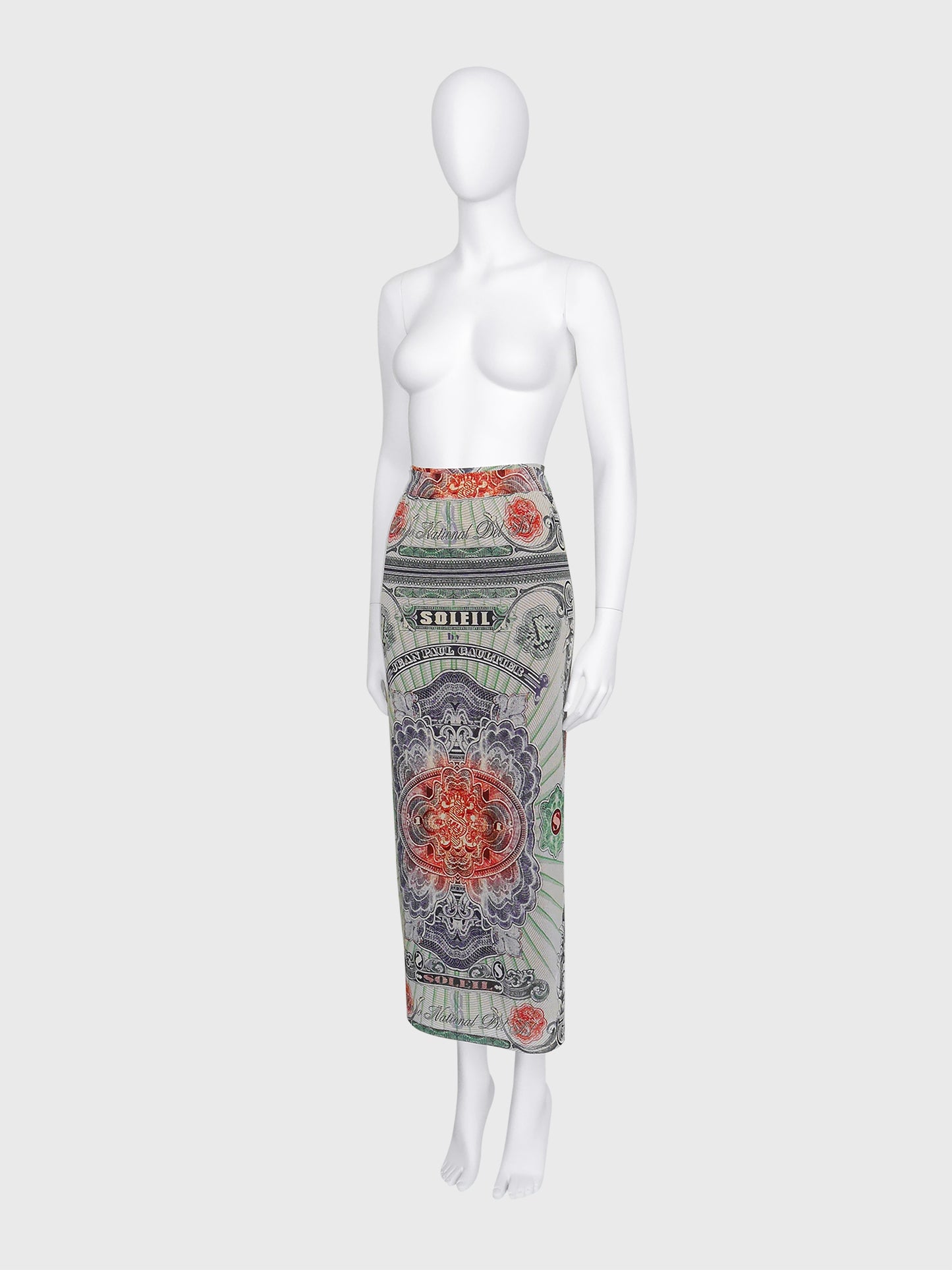JEAN PAUL GAULTIER c. Spring 1994 Vintage Money Print Maxi Skirt Pareo Size XS-S