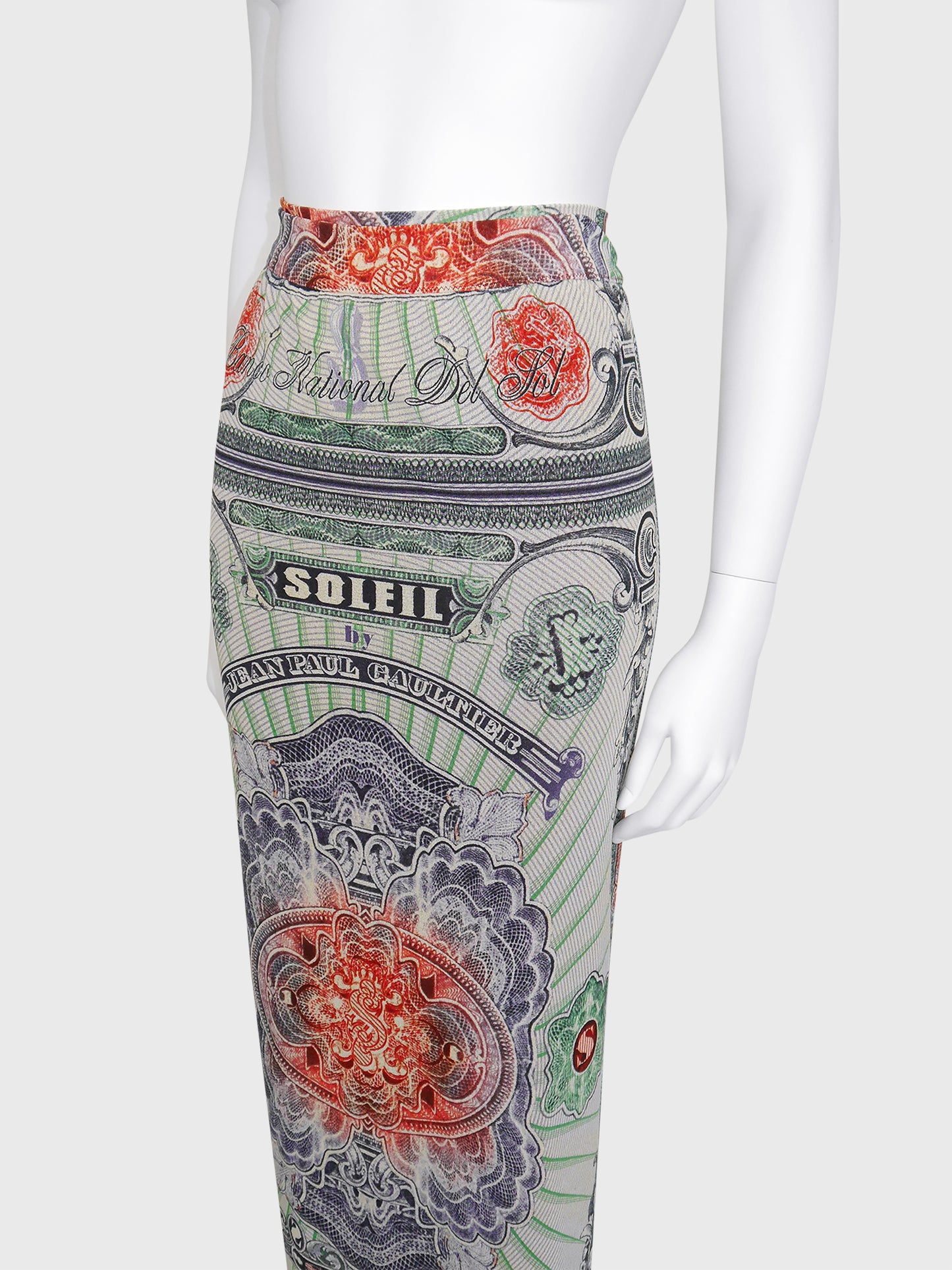 JEAN PAUL GAULTIER c. Spring 1994 Vintage Money Print Maxi Skirt Pareo Size XS-S