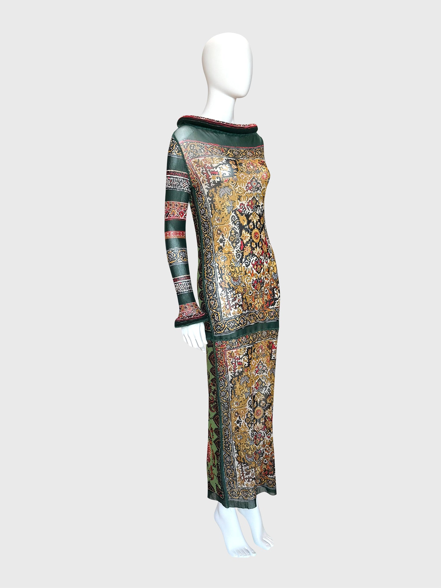JEAN PAUL GAULTIER Fall 1999 Vintage Printed Mesh Maxi Dress & Underdress w/ Tubular Details Size L
