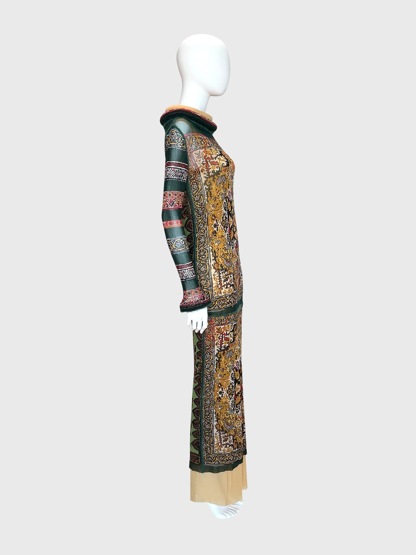 JEAN PAUL GAULTIER Fall 1999 Vintage Printed Mesh Maxi Dress & Underdress w/ Tubular Details Size L