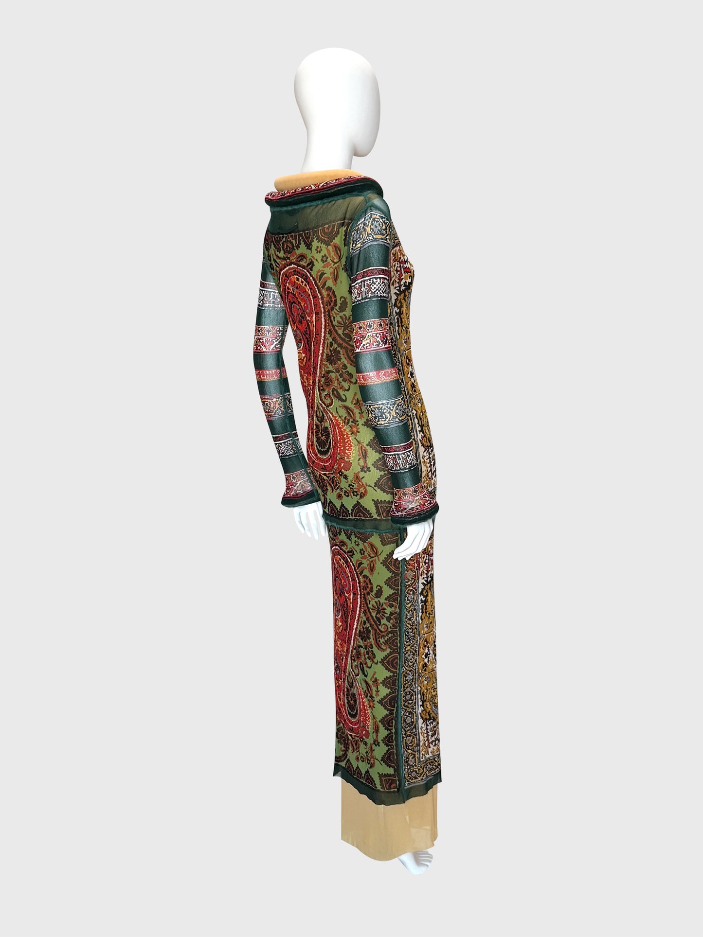 JEAN PAUL GAULTIER Fall 1999 Vintage Printed Mesh Maxi Dress & Underdress w/ Tubular Details Size L