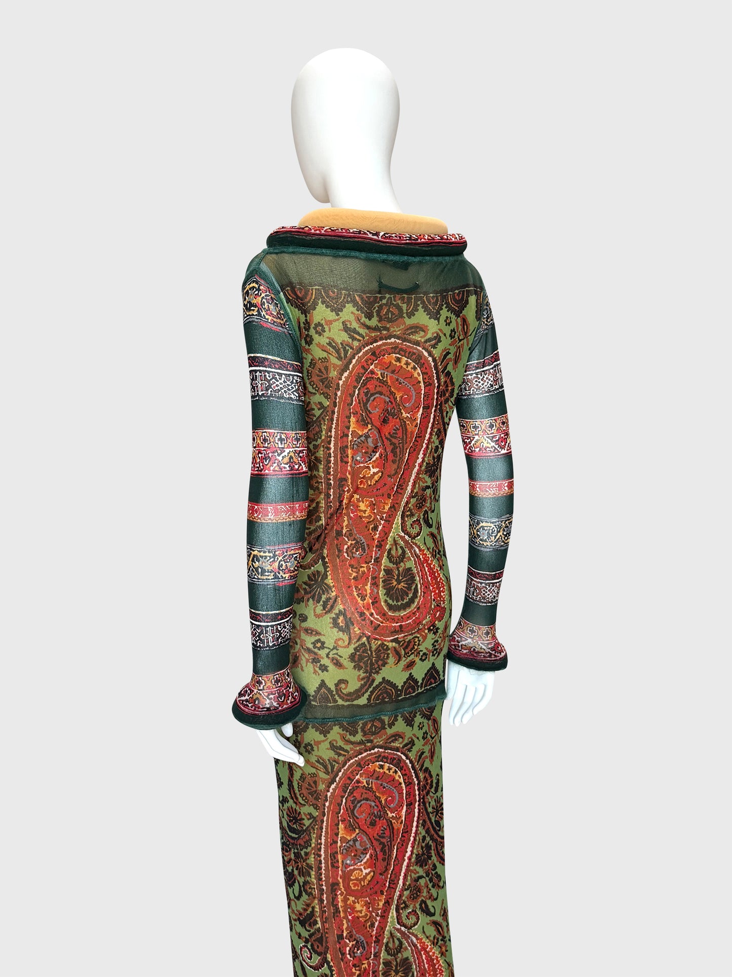 JEAN PAUL GAULTIER Fall 1999 Vintage Printed Mesh Maxi Dress & Underdress w/ Tubular Details Size L