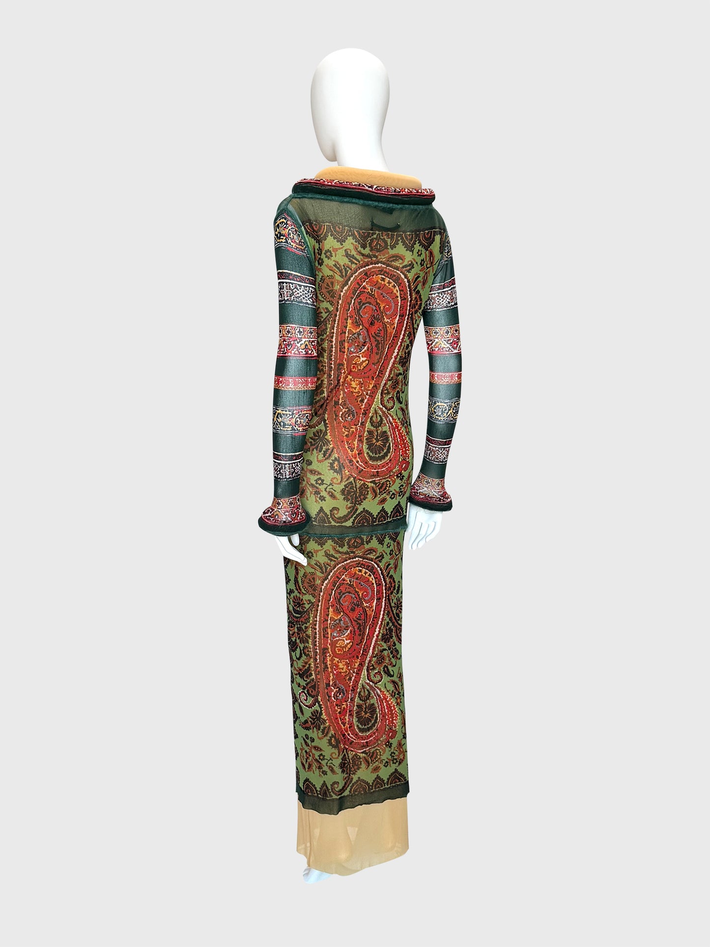 JEAN PAUL GAULTIER Fall 1999 Vintage Printed Mesh Maxi Dress & Underdress w/ Tubular Details Size L