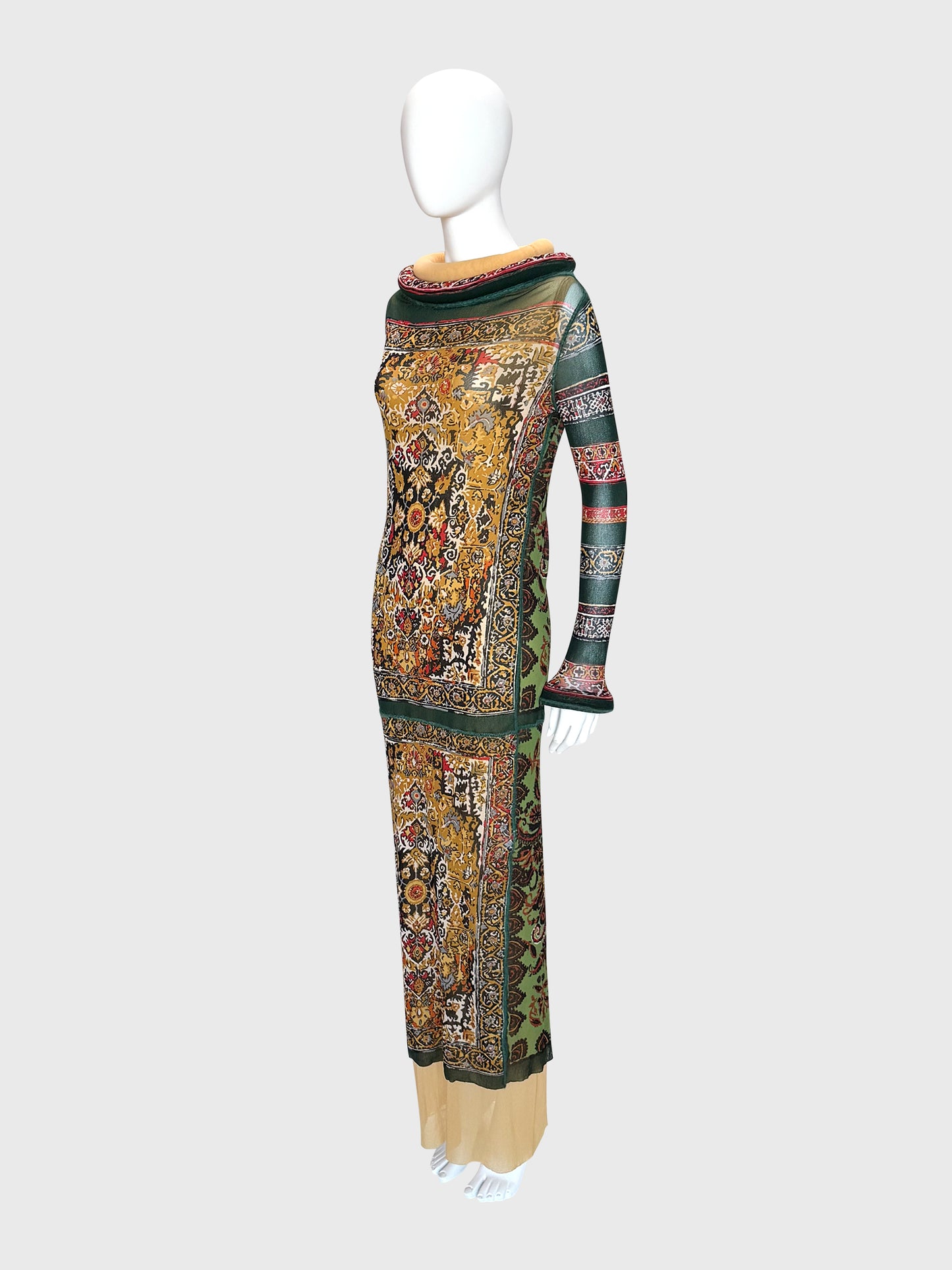 JEAN PAUL GAULTIER Fall 1999 Vintage Printed Mesh Maxi Dress & Underdress w/ Tubular Details Size L