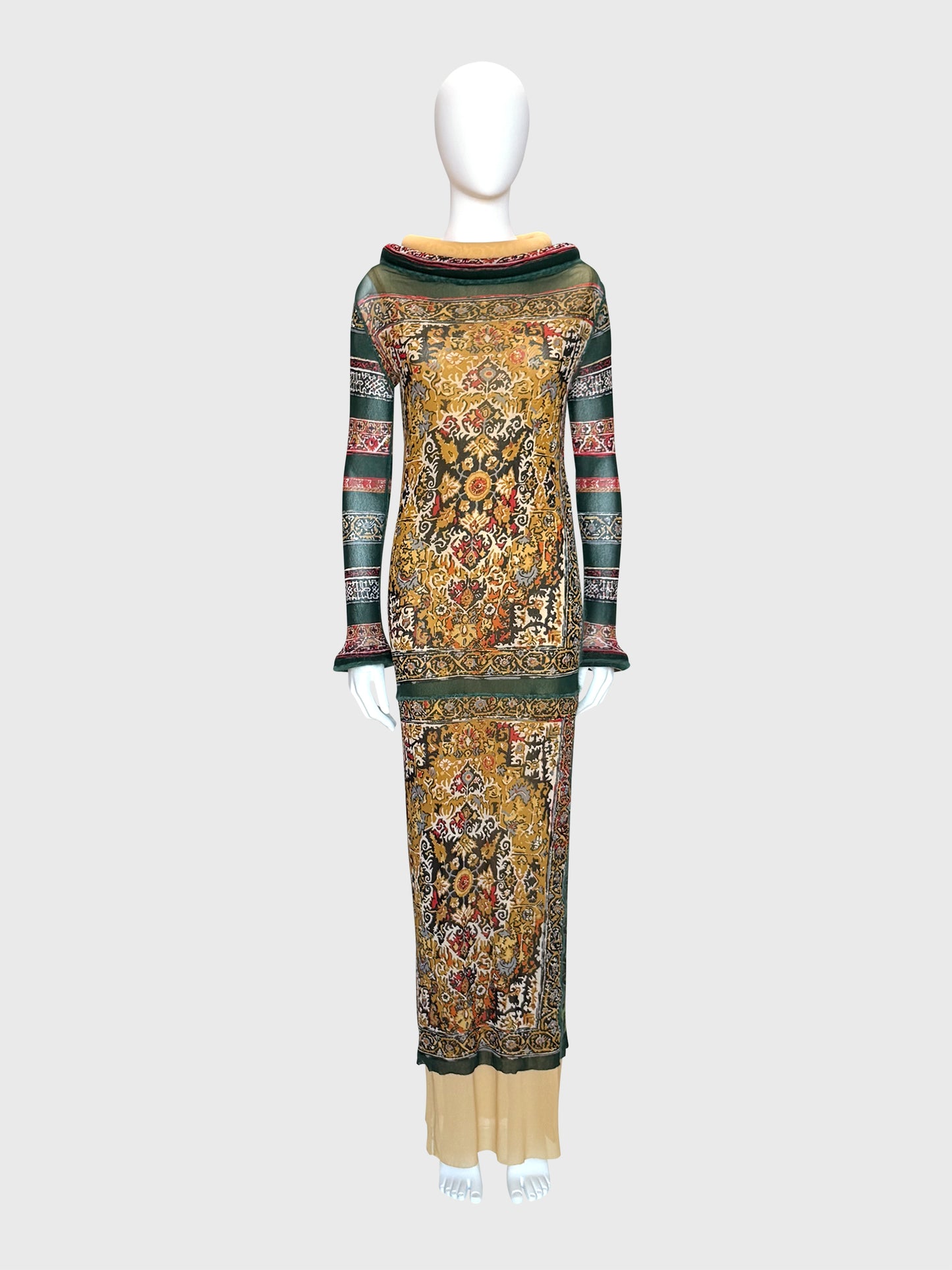 JEAN PAUL GAULTIER Fall 1999 Vintage Printed Mesh Maxi Dress & Underdress w/ Tubular Details Size L