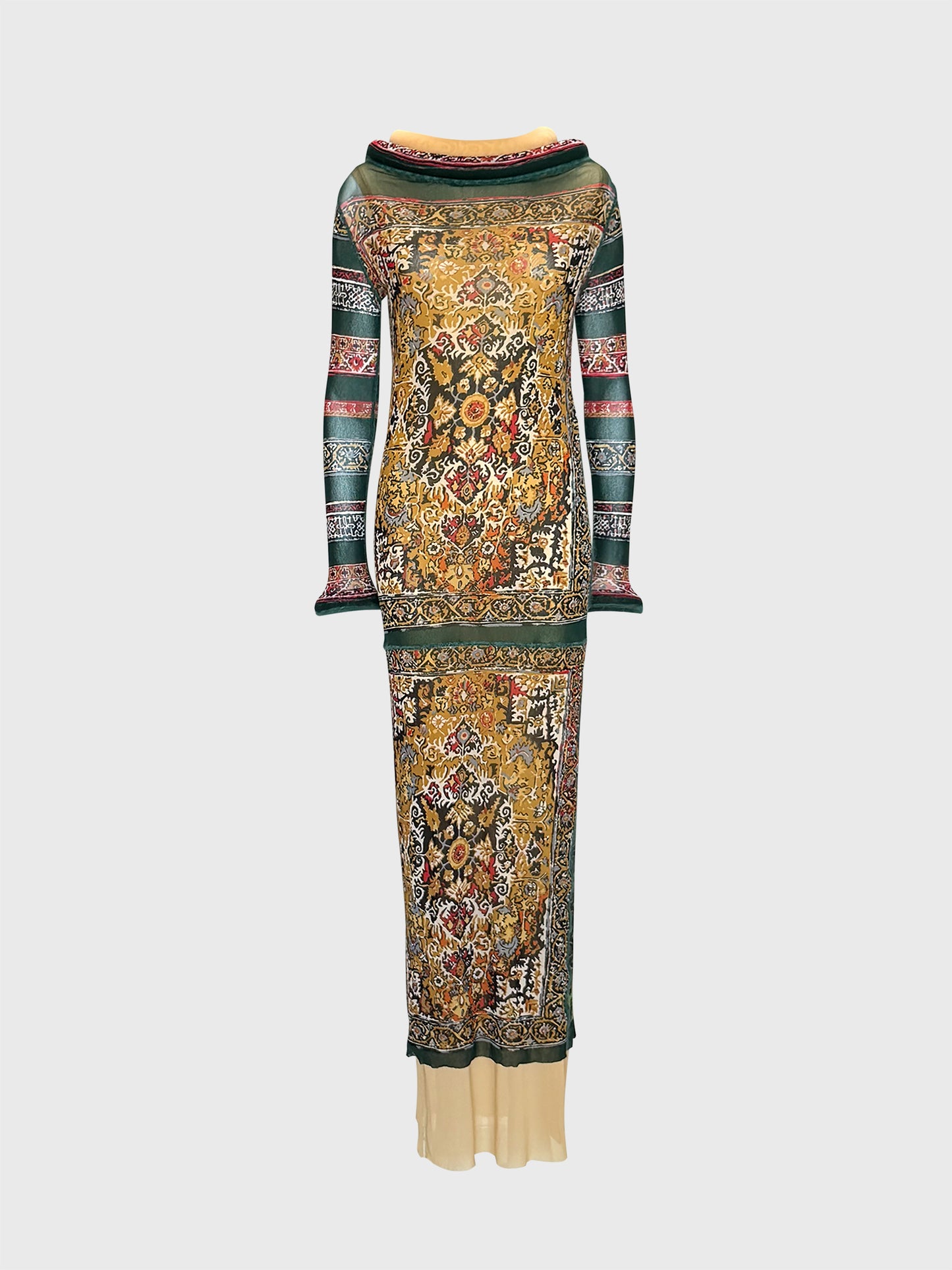 JEAN PAUL GAULTIER Fall 1999 Vintage Printed Mesh Maxi Dress w/ Tubular Collar