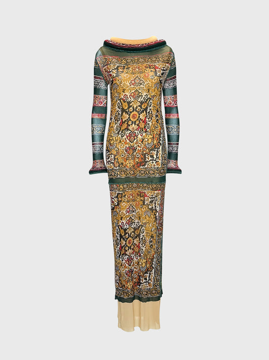 JEAN PAUL GAULTIER Fall 1999 Vintage Printed Mesh Maxi Dress w/ Tubular Collar