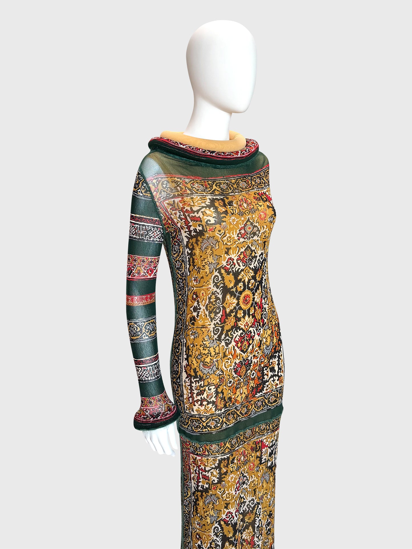 JEAN PAUL GAULTIER Fall 1999 Vintage Printed Mesh Maxi Dress & Underdress w/ Tubular Details Size L