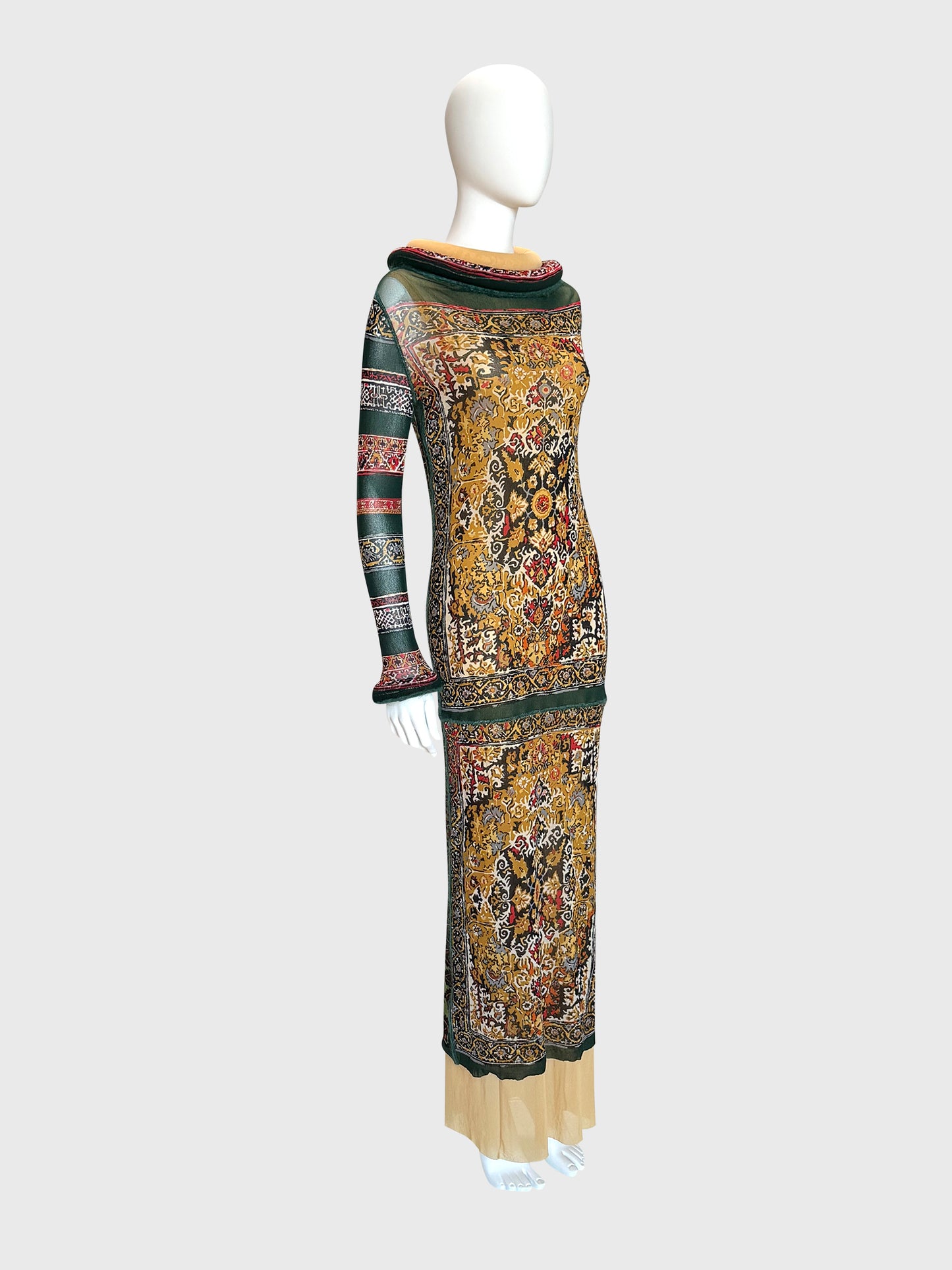 JEAN PAUL GAULTIER Fall 1999 Vintage Printed Mesh Maxi Dress & Underdress w/ Tubular Details Size L