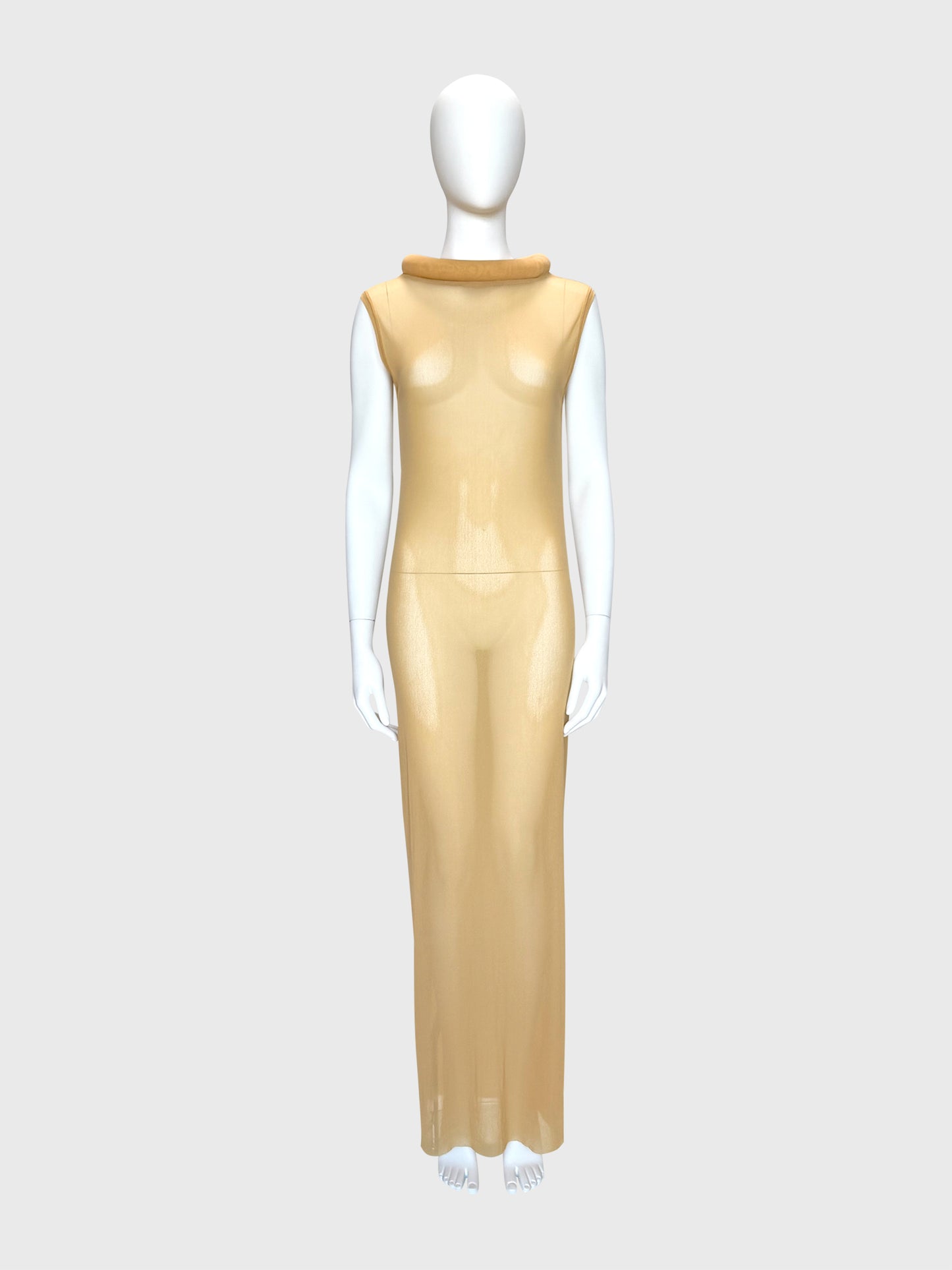 JEAN PAUL GAULTIER Fall 1999 Vintage Printed Mesh Maxi Dress & Underdress w/ Tubular Details Size L