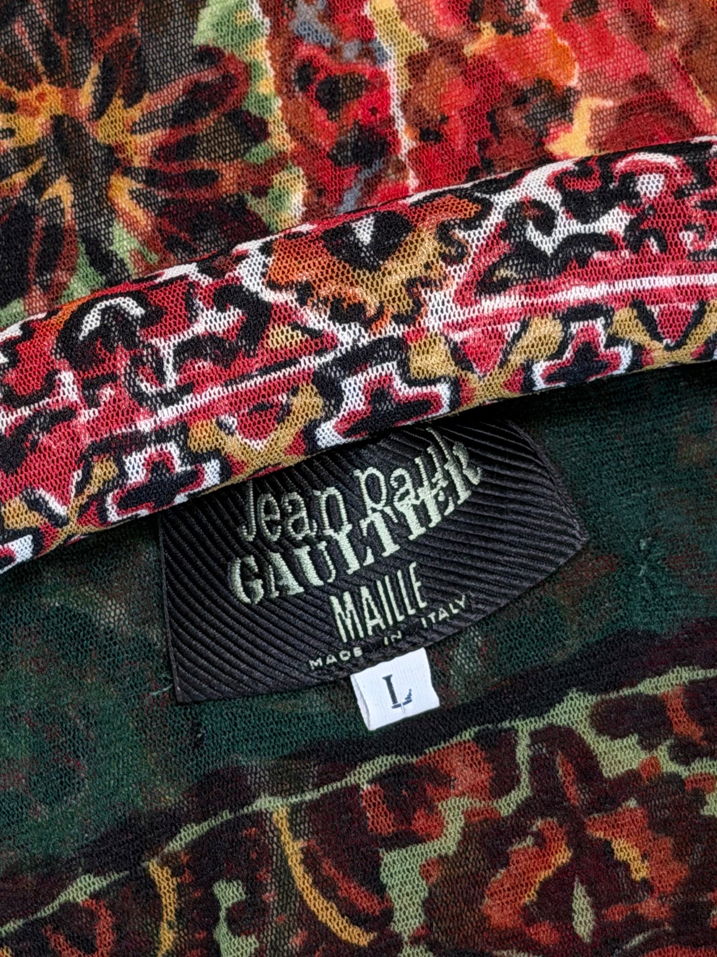 JEAN PAUL GAULTIER Fall 1999 Vintage Printed Mesh Maxi Dress & Underdress w/ Tubular Details Size L