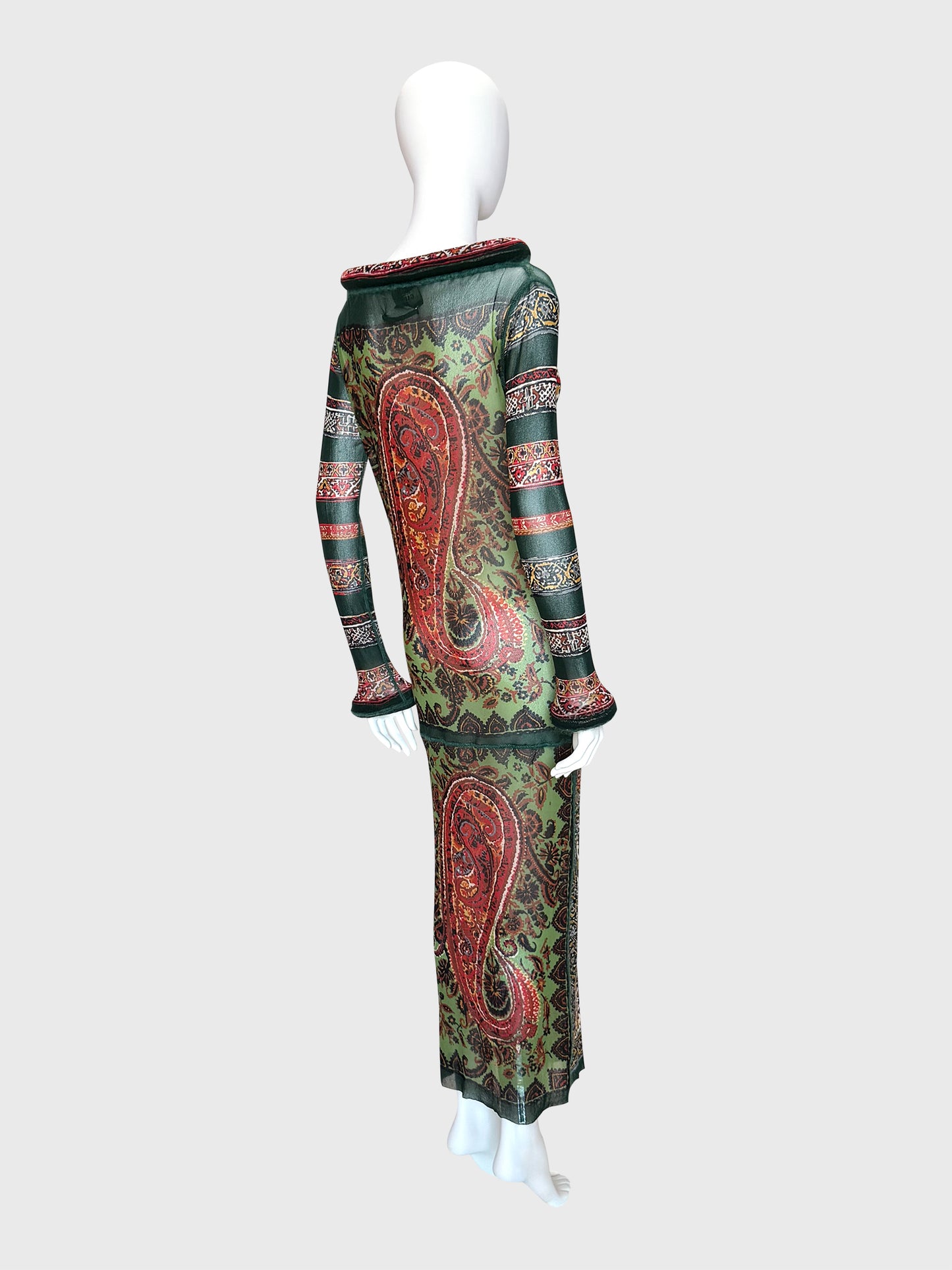 JEAN PAUL GAULTIER Fall 1999 Vintage Printed Mesh Maxi Dress & Underdress w/ Tubular Details Size L