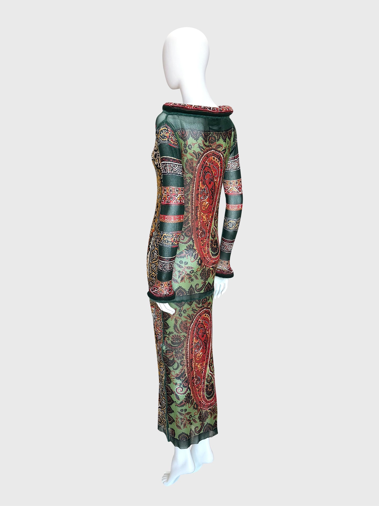 JEAN PAUL GAULTIER Fall 1999 Vintage Printed Mesh Maxi Dress & Underdress w/ Tubular Details Size L