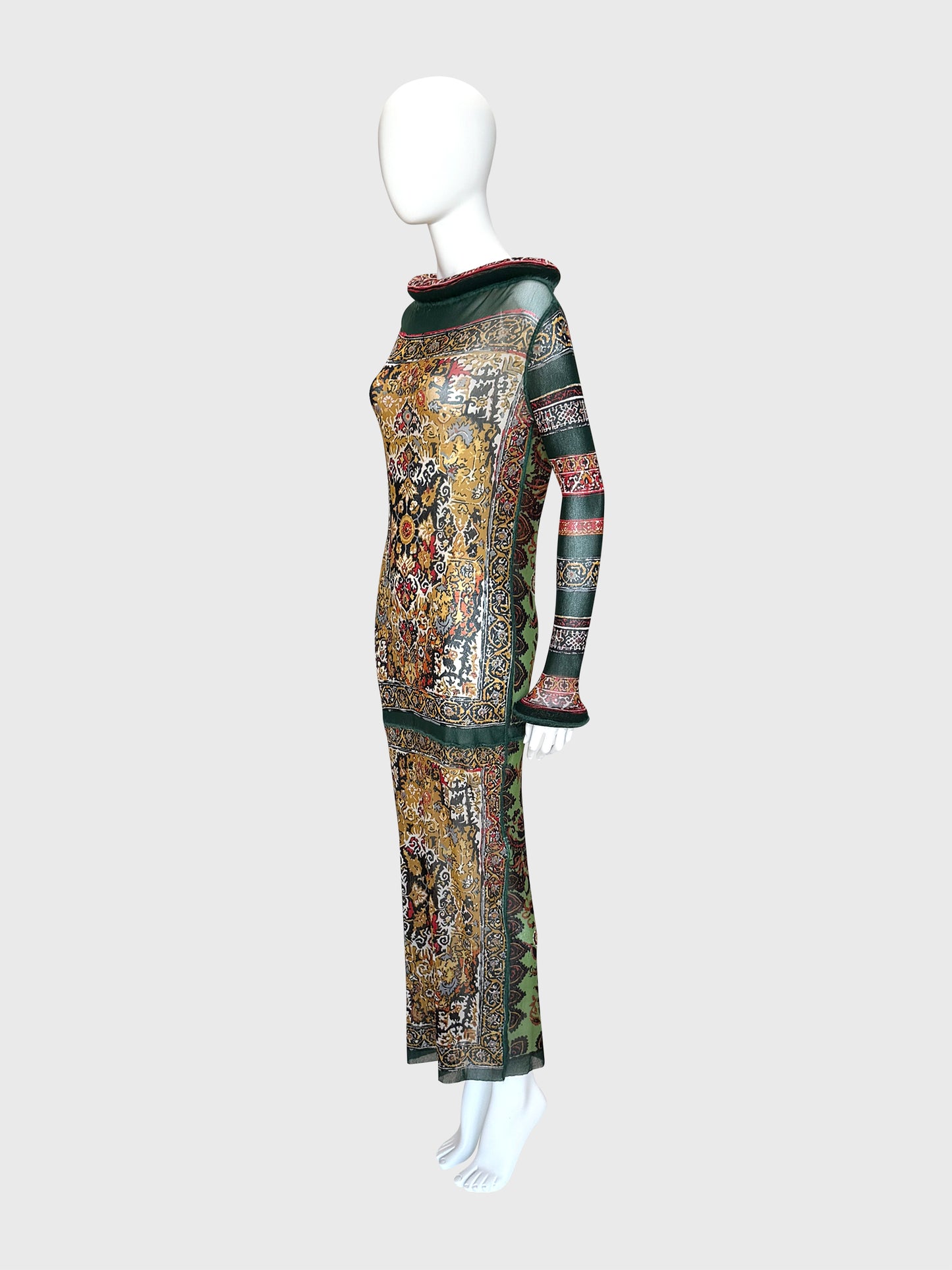 JEAN PAUL GAULTIER Fall 1999 Vintage Printed Mesh Maxi Dress & Underdress w/ Tubular Details Size L