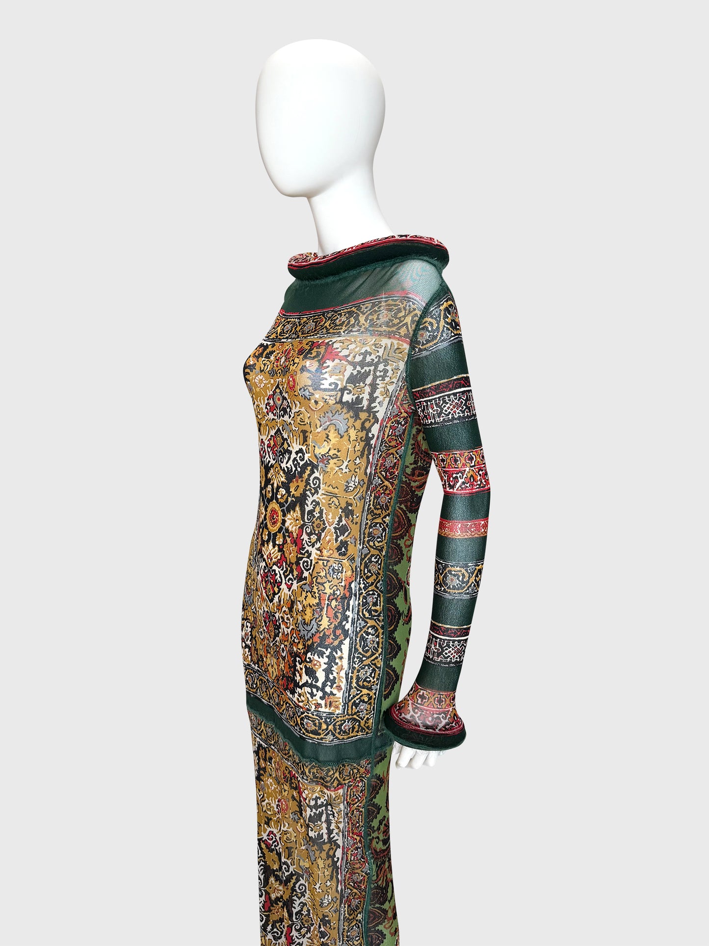 JEAN PAUL GAULTIER Fall 1999 Vintage Printed Mesh Maxi Dress & Underdress w/ Tubular Details Size L