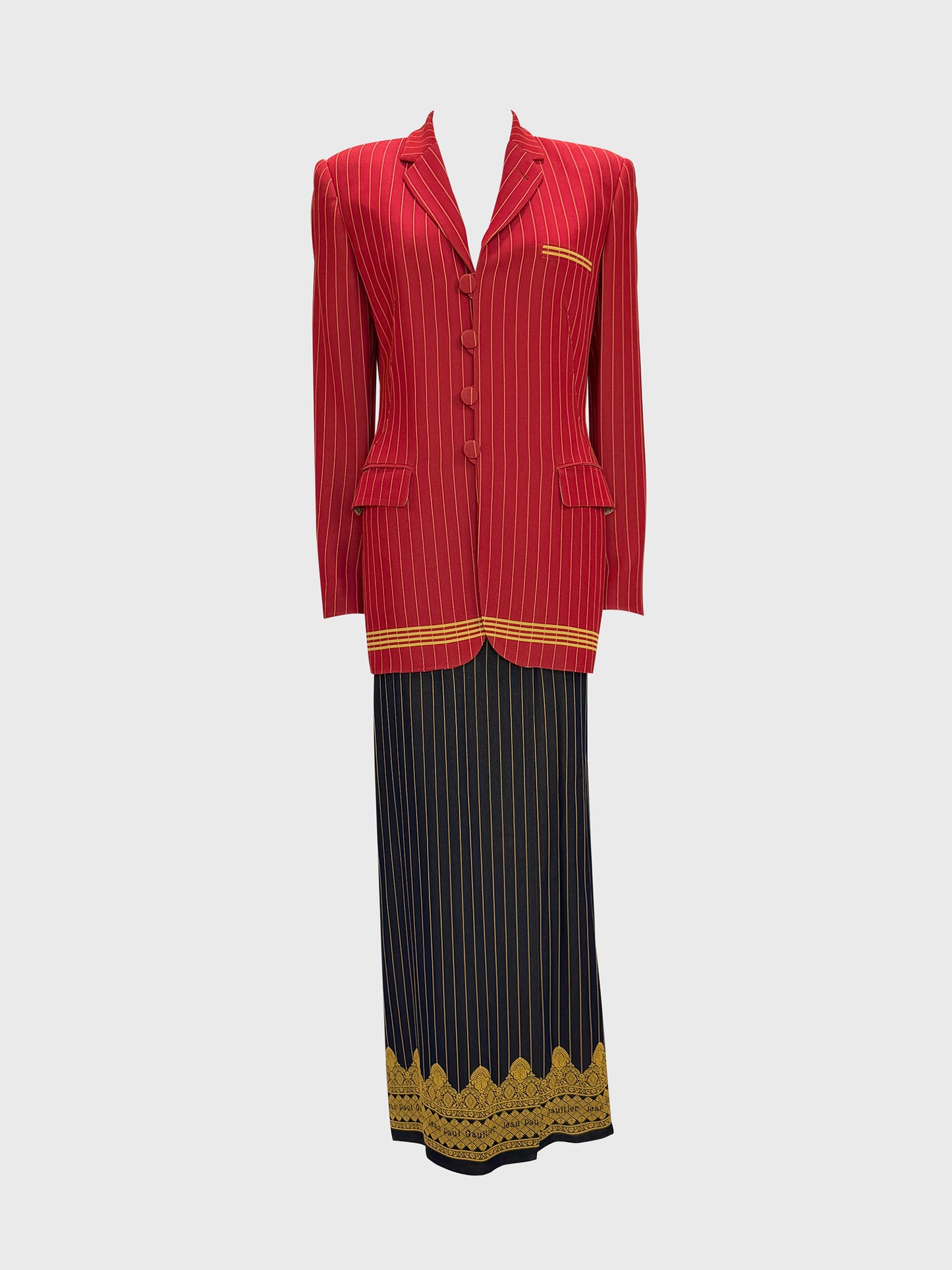 JEAN PAUL GAULTIER Spring 1997 Vintage Pinstripe Jacket & Maxi Skirt Suit Size S-M