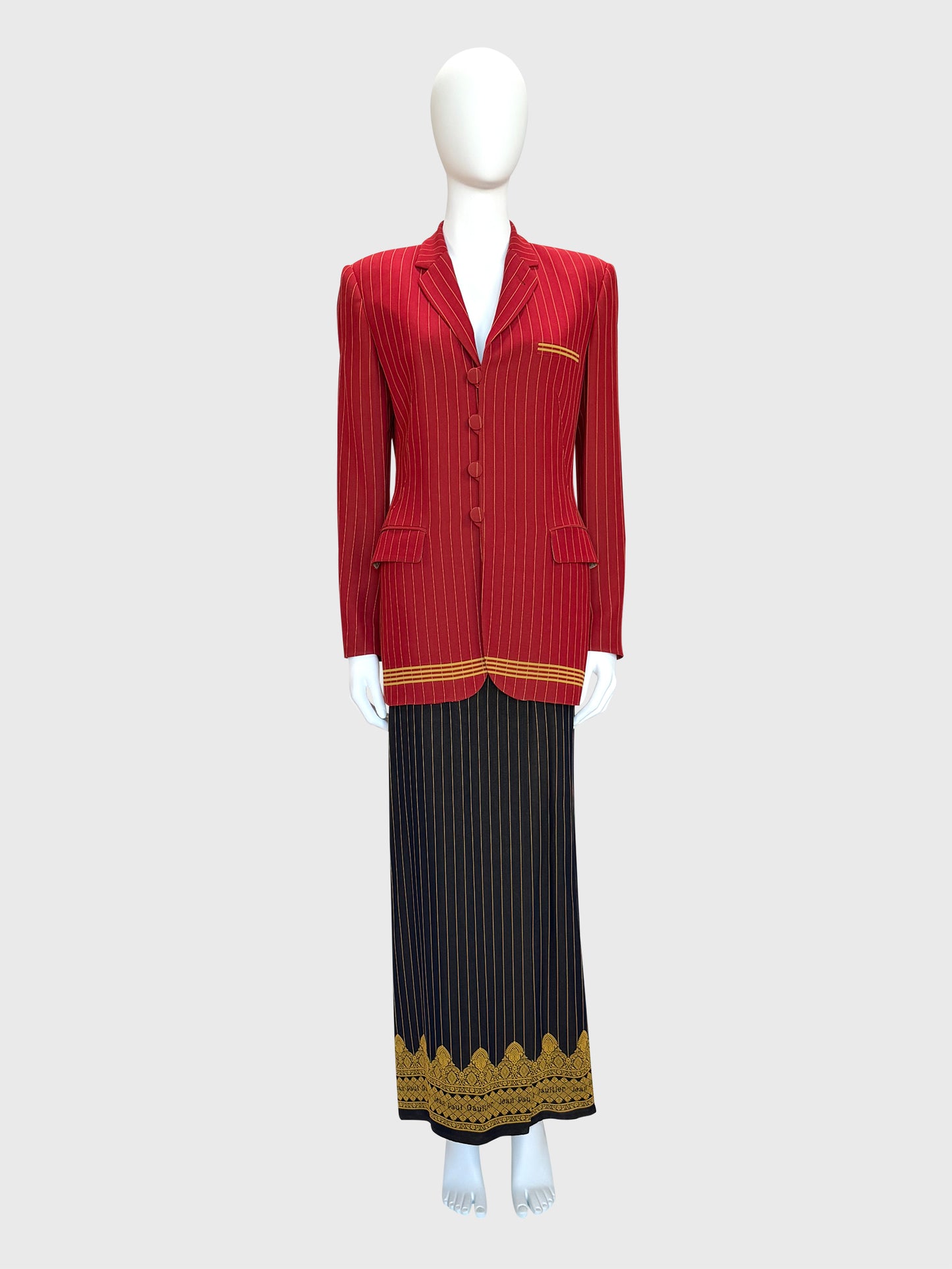 JEAN PAUL GAULTIER Spring 1997 Vintage Pinstripe Jacket & Maxi Skirt Suit Size S-M
