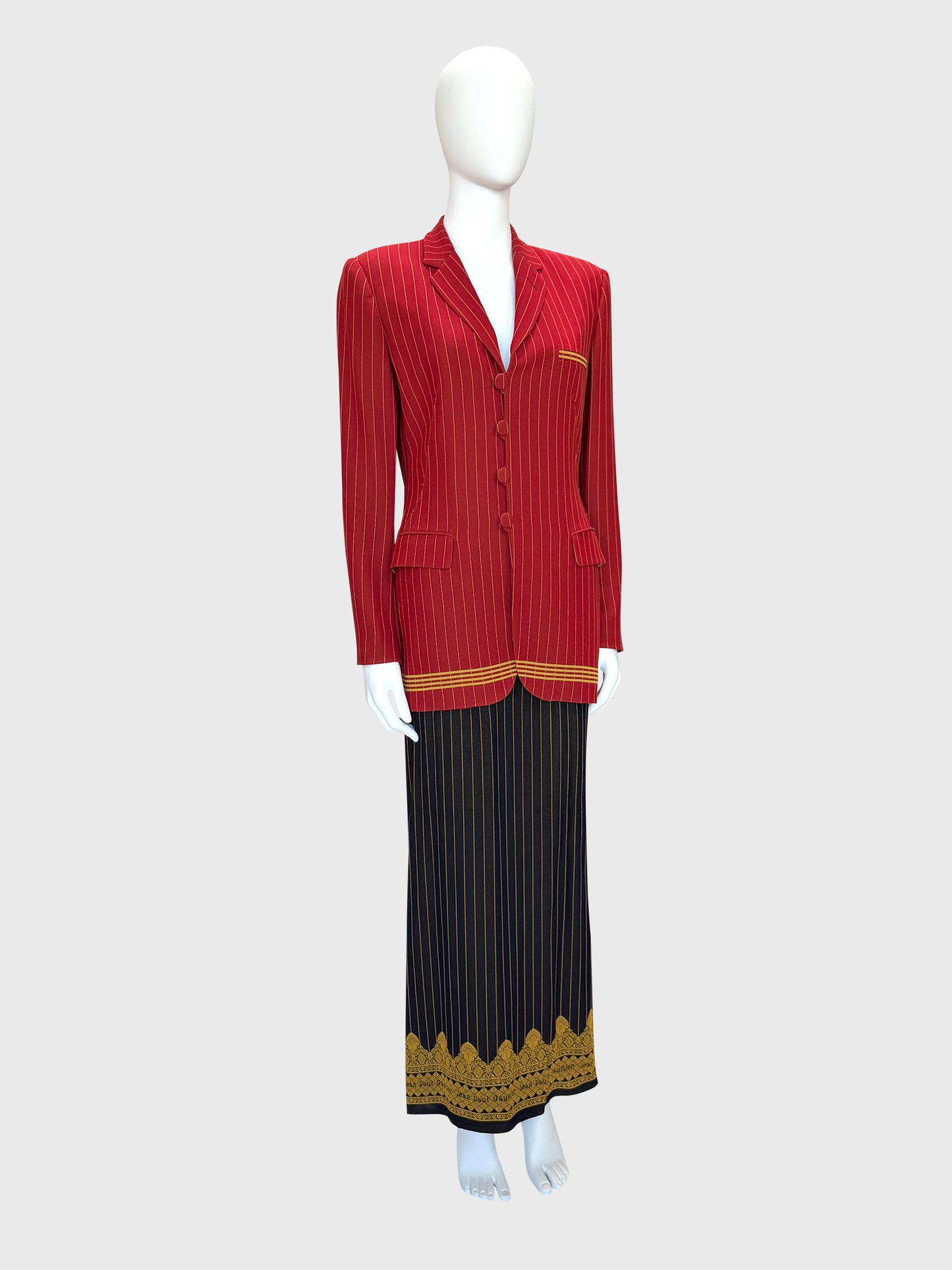 JEAN PAUL GAULTIER Spring 1997 Vintage Pinstripe Jacket & Maxi Skirt Suit Size S-M