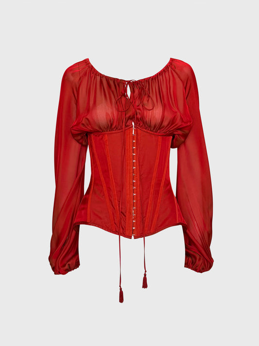 JEAN PAUL GAULTIER Spring 2008 Vintage Red Silk Corset Top Blouse Size S