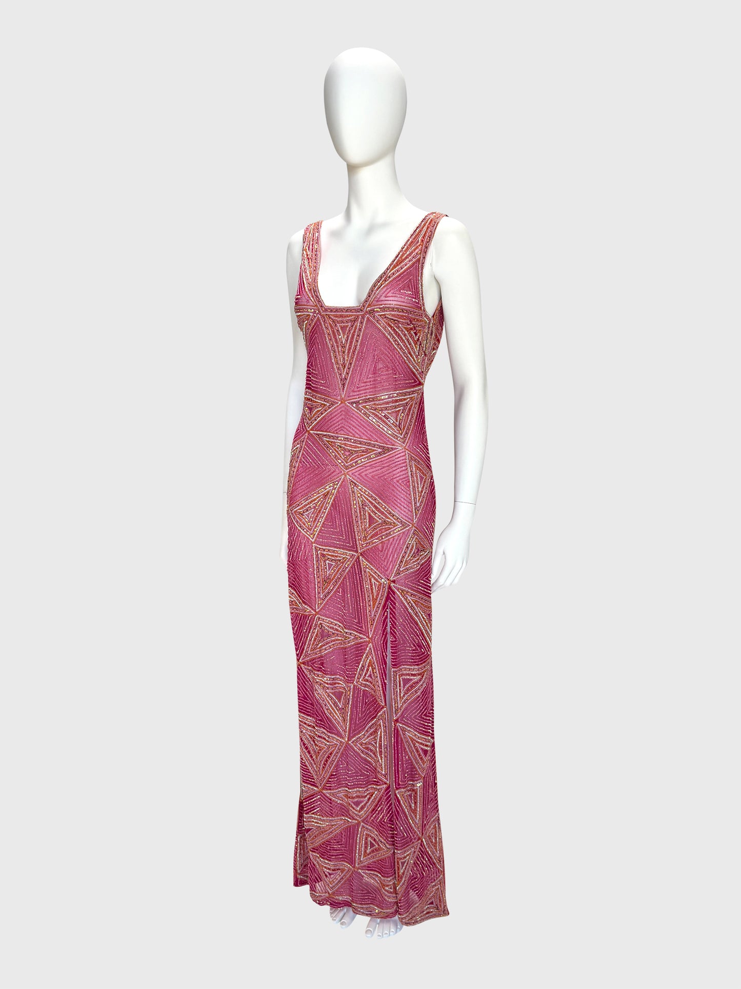 JULIEN MACDONALD 1990s 2000s Vintage Fully Beaded & Sequined Pink Silk Evening Gown Size XS