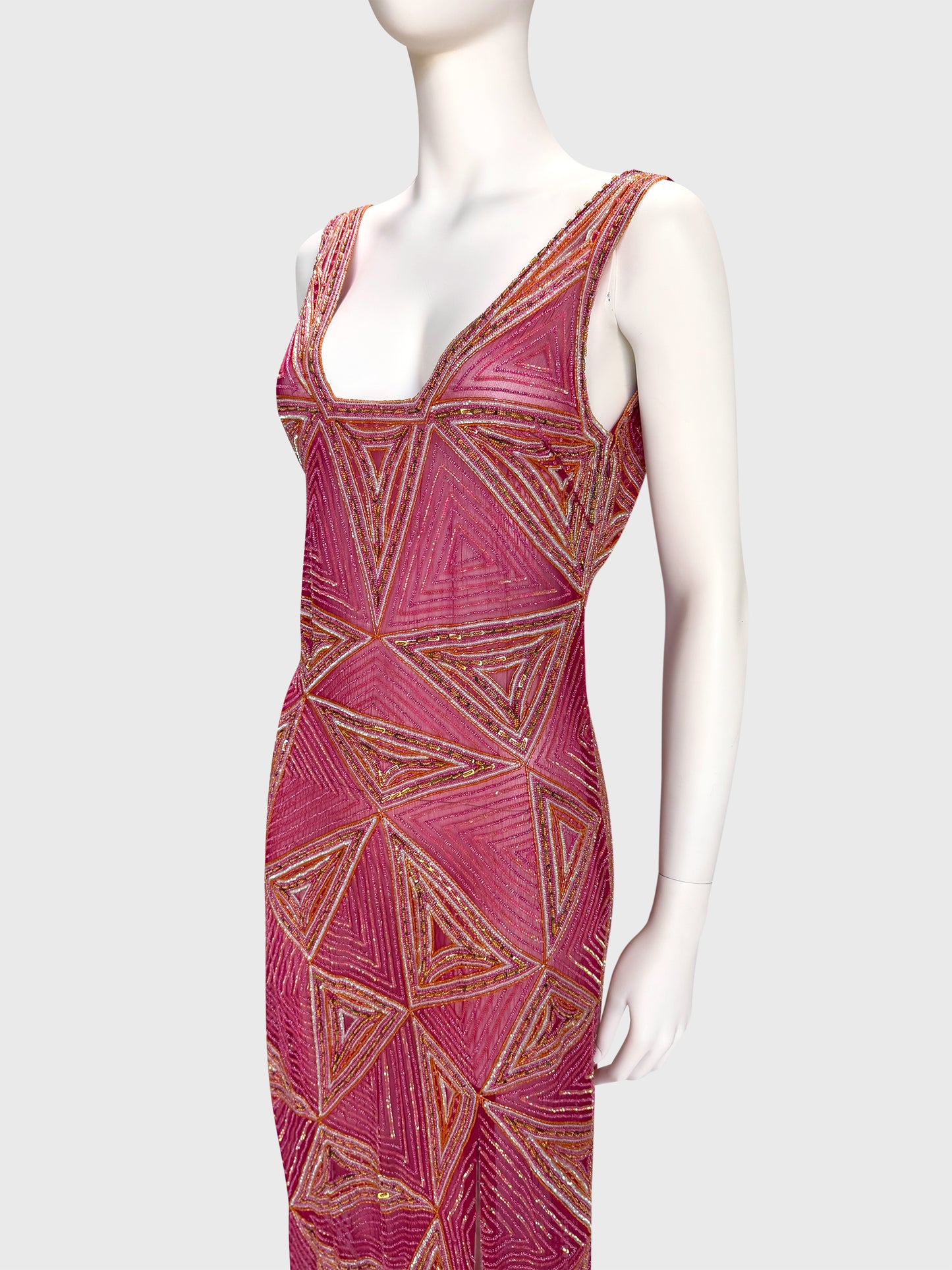 JULIEN MACDONALD 1990s 2000s Vintage Fully Beaded & Sequined Pink Silk Evening Gown Size XS