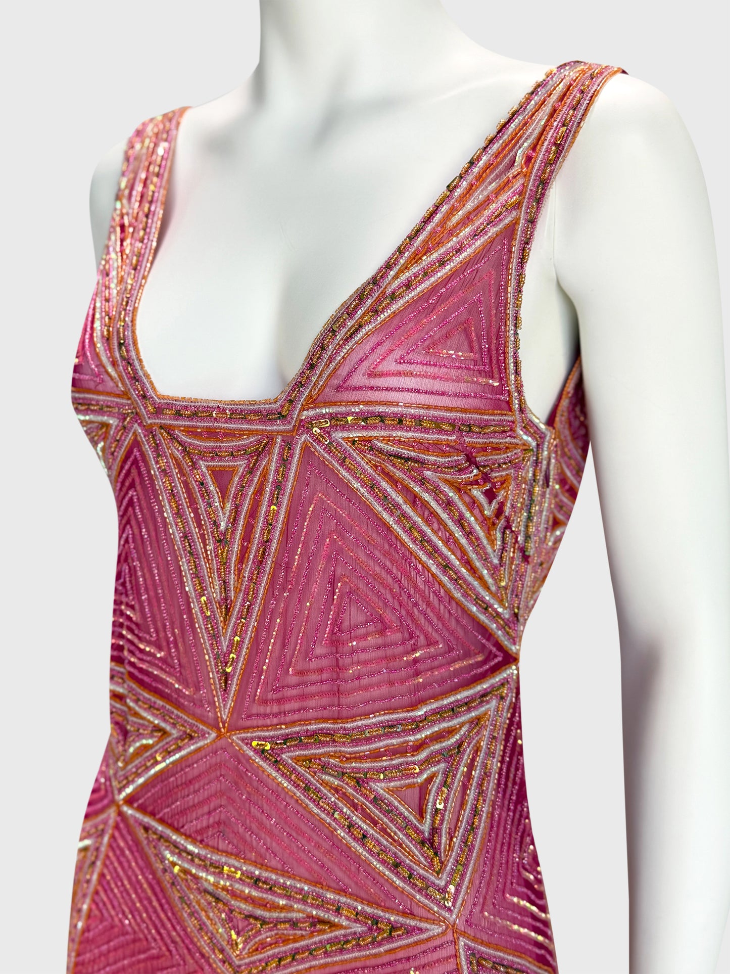 JULIEN MACDONALD 1990s 2000s Vintage Fully Beaded & Sequined Pink Silk Evening Gown Size XS