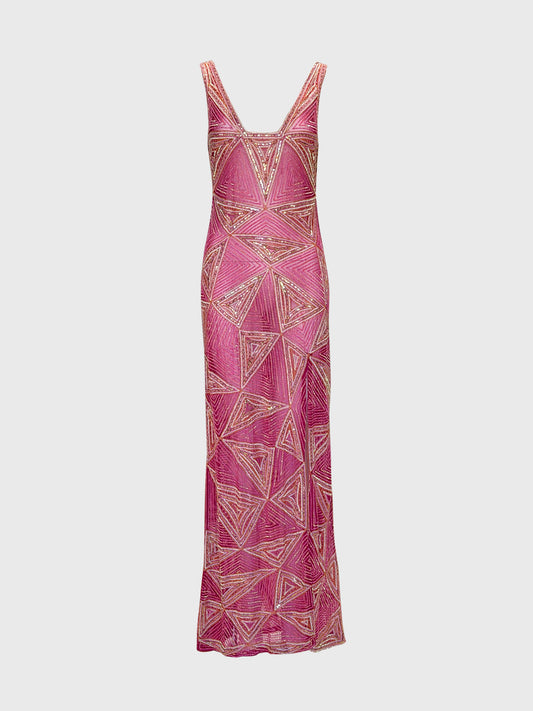 JULIEN MACDONALD 1990s 2000s Vintage Fully Beaded & Sequined Pink Silk Evening Gown Size XS