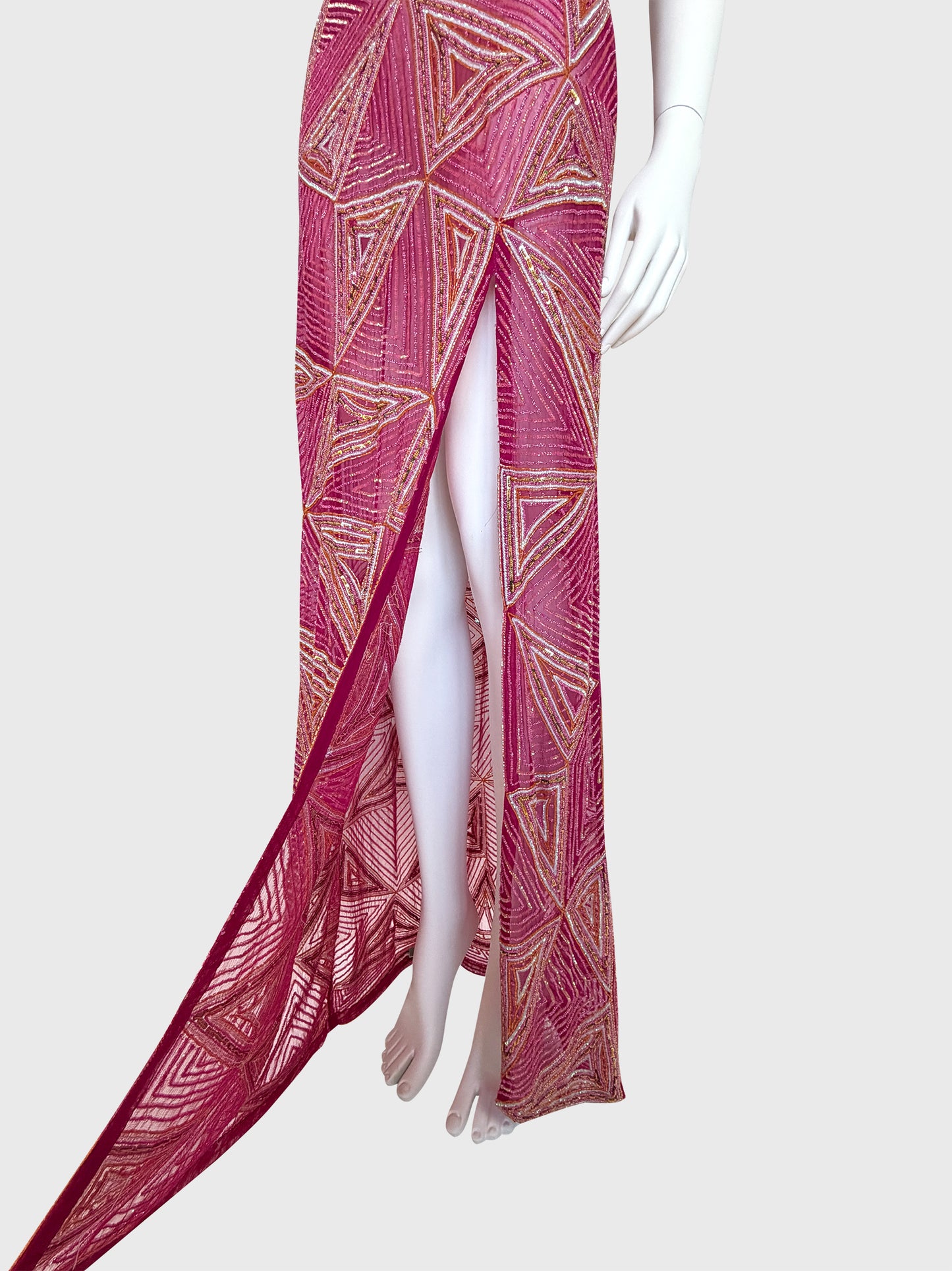 JULIEN MACDONALD 1990s 2000s Vintage Fully Beaded & Sequined Pink Silk Evening Gown Size XS