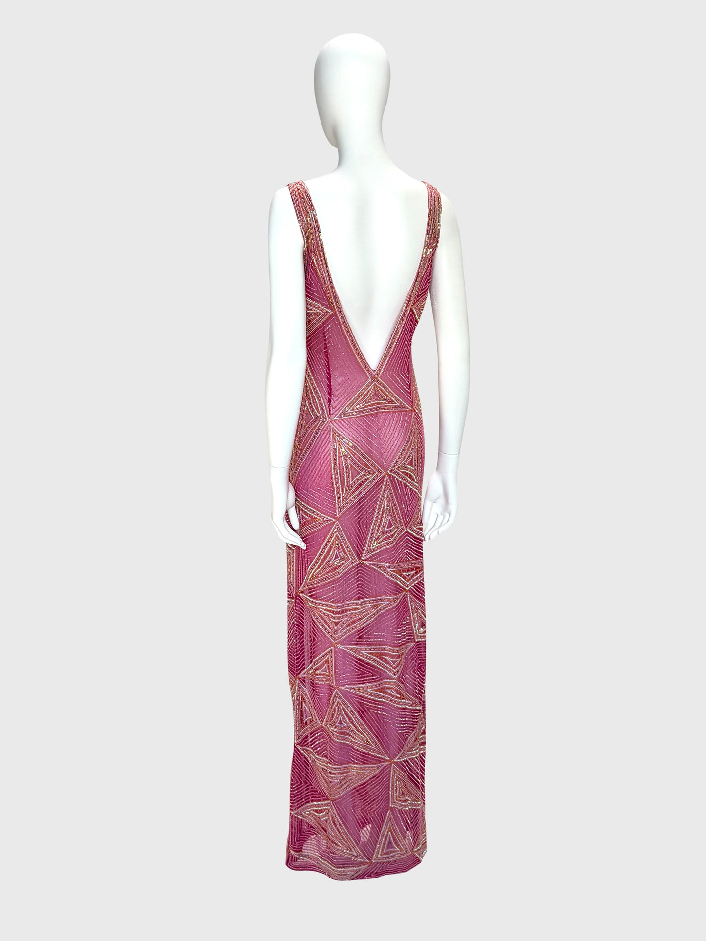 JULIEN MACDONALD 1990s 2000s Vintage Fully Beaded & Sequined Pink Silk Evening Gown Size XS