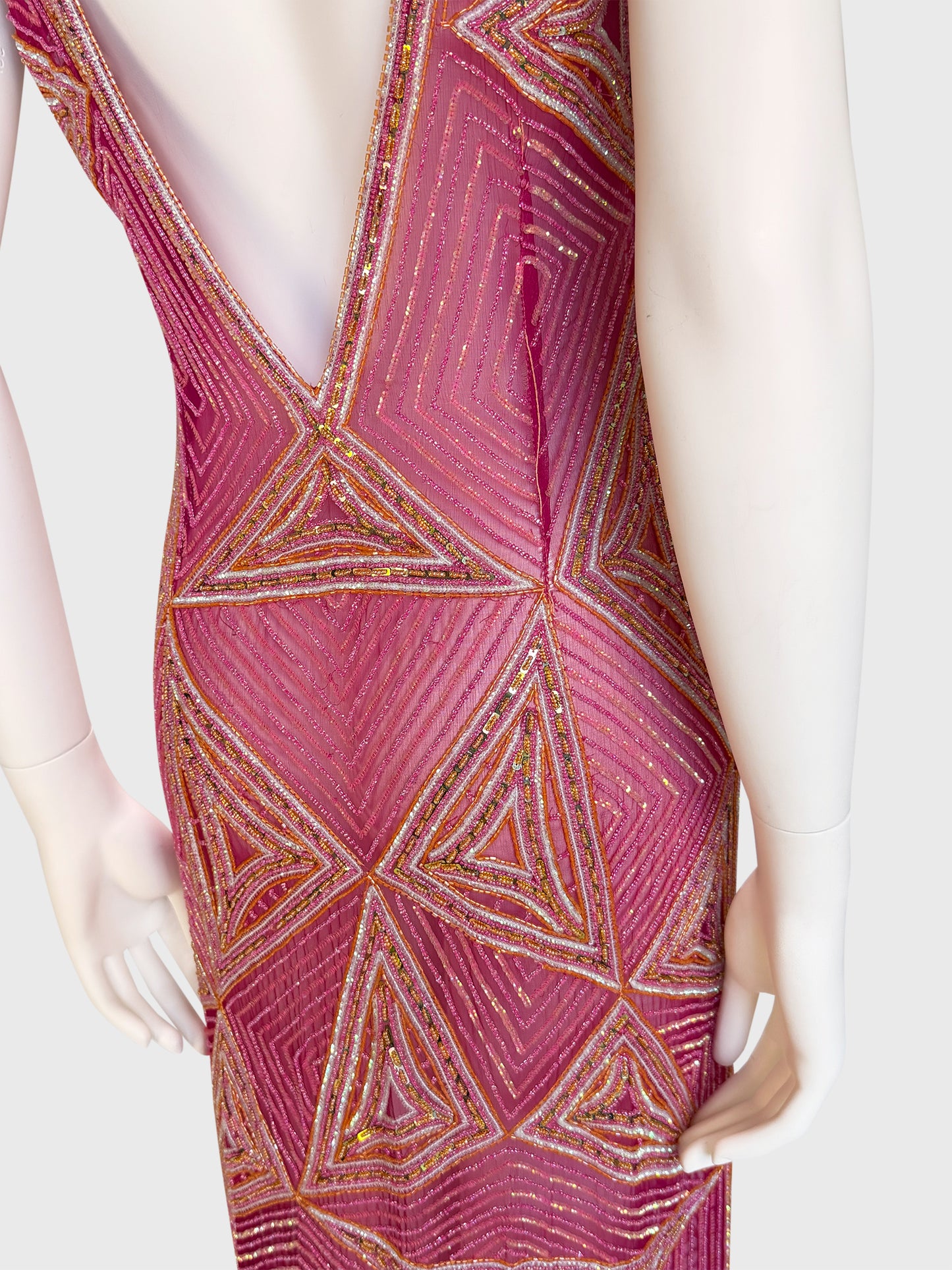 JULIEN MACDONALD 1990s 2000s Vintage Fully Beaded & Sequined Pink Silk Evening Gown Size XS