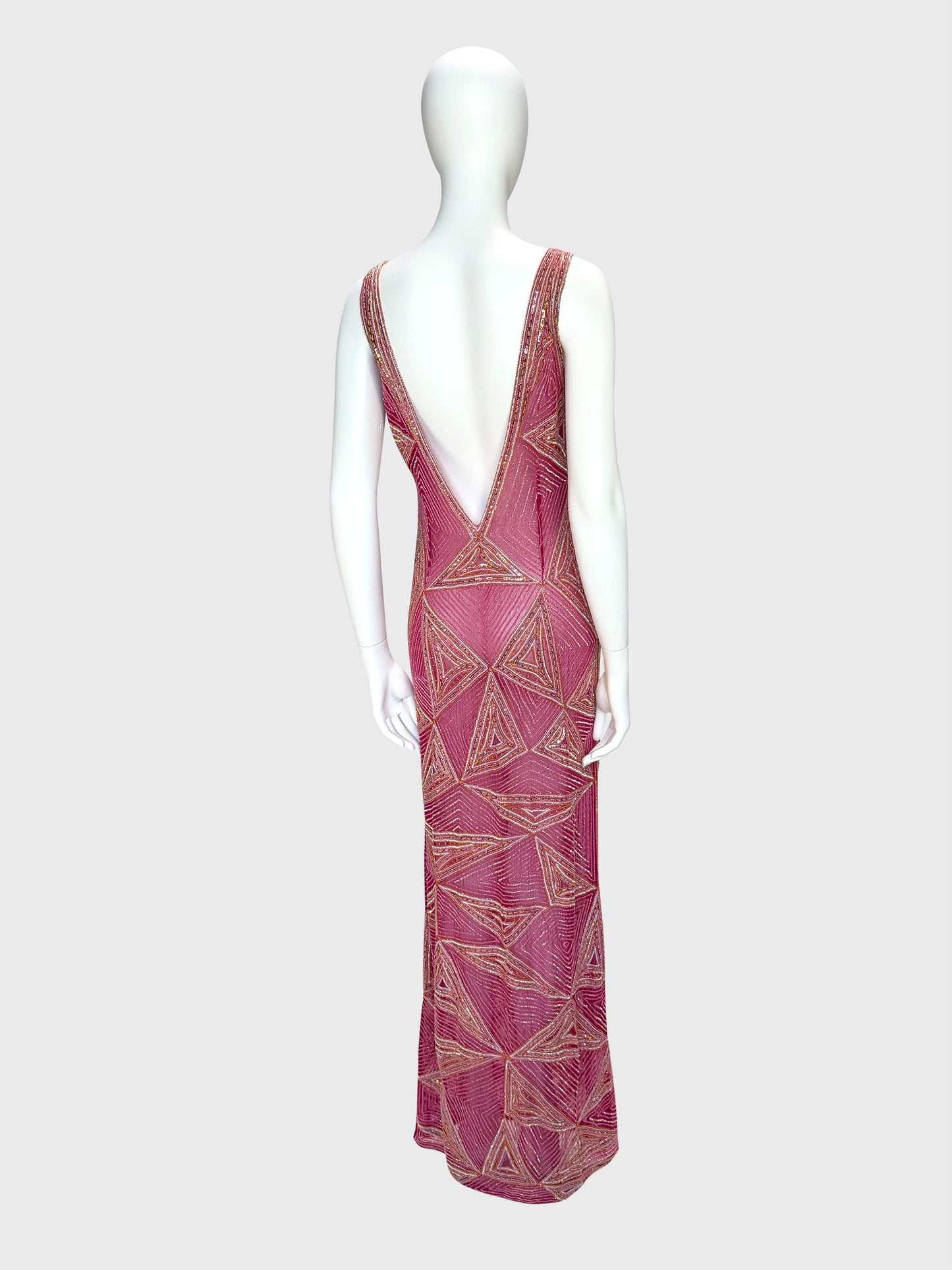 JULIEN MACDONALD 1990s 2000s Vintage Fully Beaded & Sequined Pink Silk Evening Gown Size XS