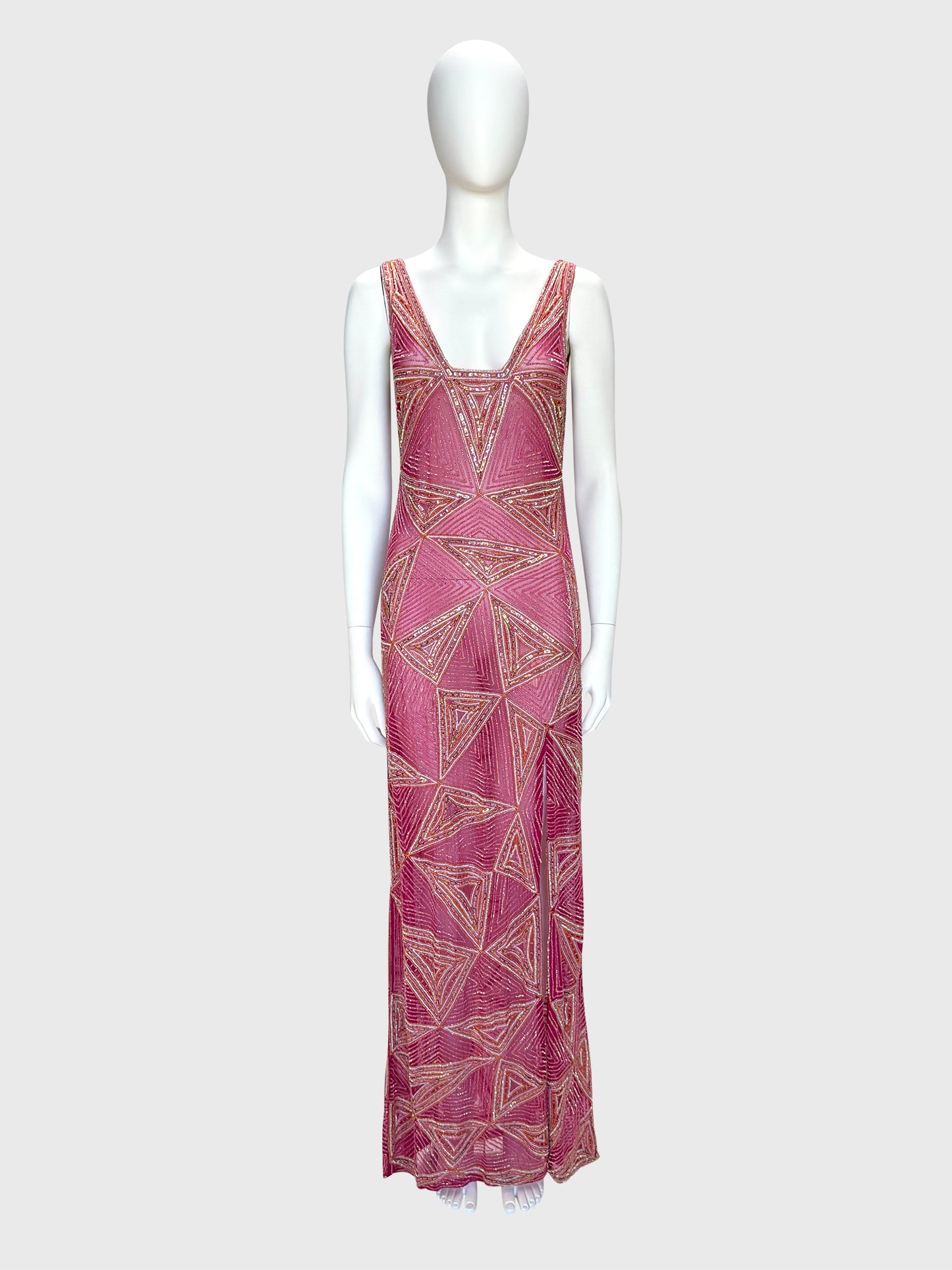 JULIEN MACDONALD 1990s 2000s Vintage Fully Beaded & Sequined Pink Silk Evening Gown Size XS
