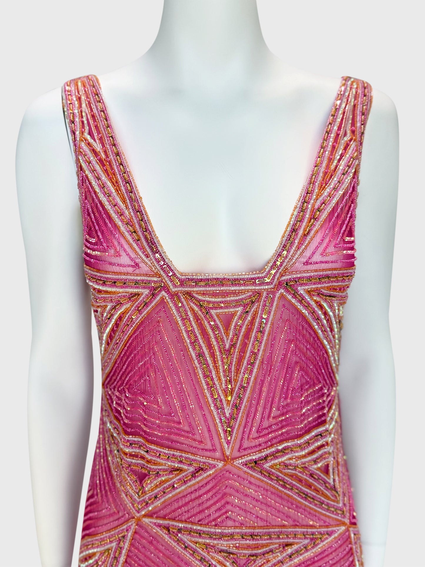 JULIEN MACDONALD 1990s 2000s Vintage Fully Beaded & Sequined Pink Silk Evening Gown Size XS