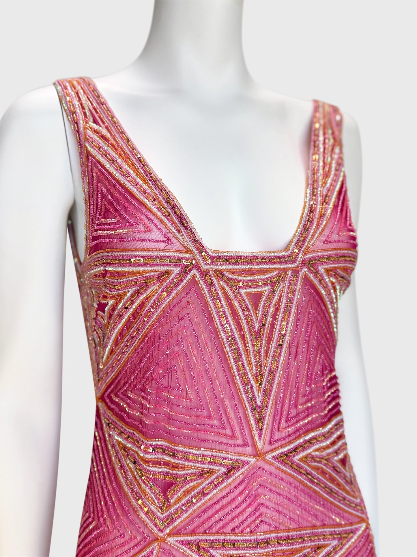JULIEN MACDONALD 1990s 2000s Vintage Fully Beaded & Sequined Pink Silk Evening Gown Size XS