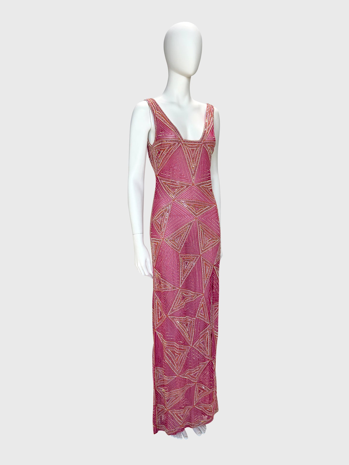 JULIEN MACDONALD 1990s 2000s Vintage Fully Beaded & Sequined Pink Silk Evening Gown Size XS