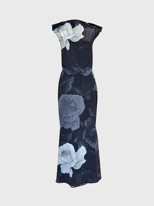 LANVIN by Alber Elbaz Fall 2011 Vintage Rose Print Silk Maxi Dress Size M