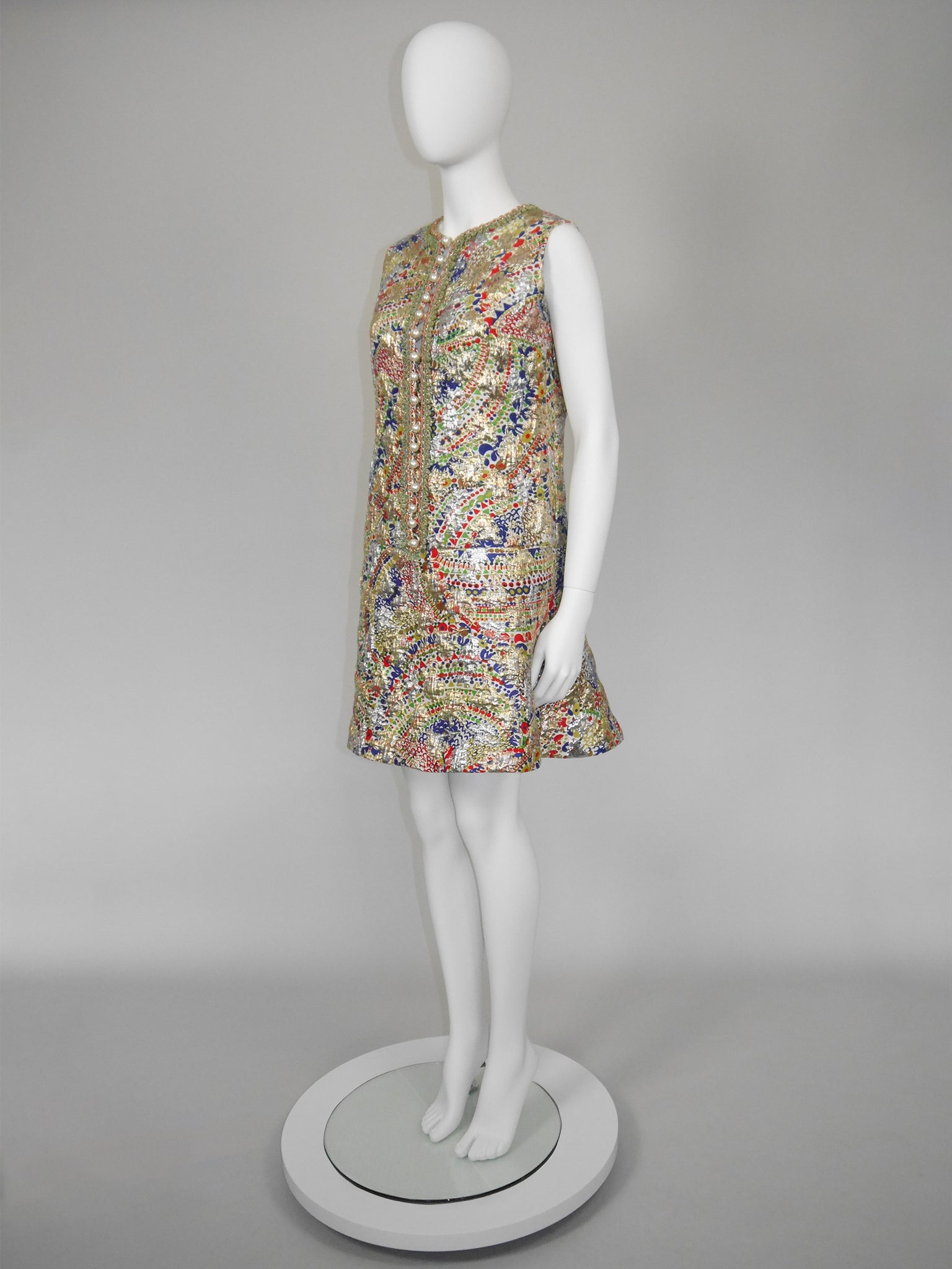 LANVIN 1960s Vintage Couture Metallic Brocade Party Evening Mini Dress Size L