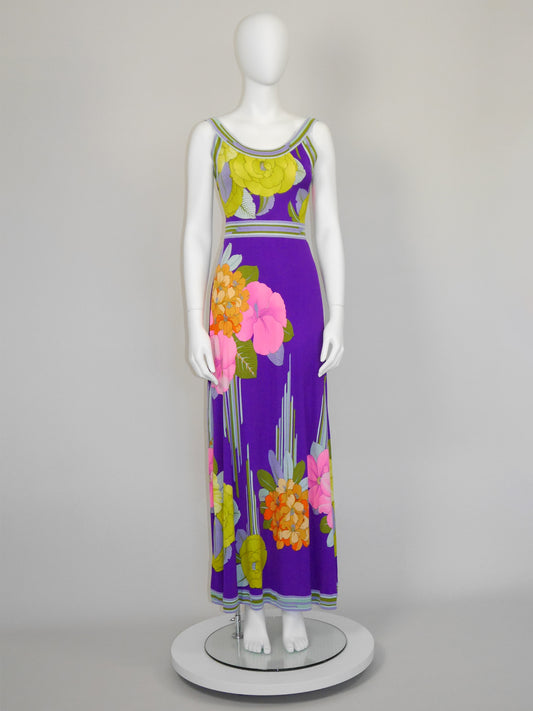 LEONARD 1970s Vintage Purple Silk Jersey Maxi Dress w/ Floral Signature Print Size XS