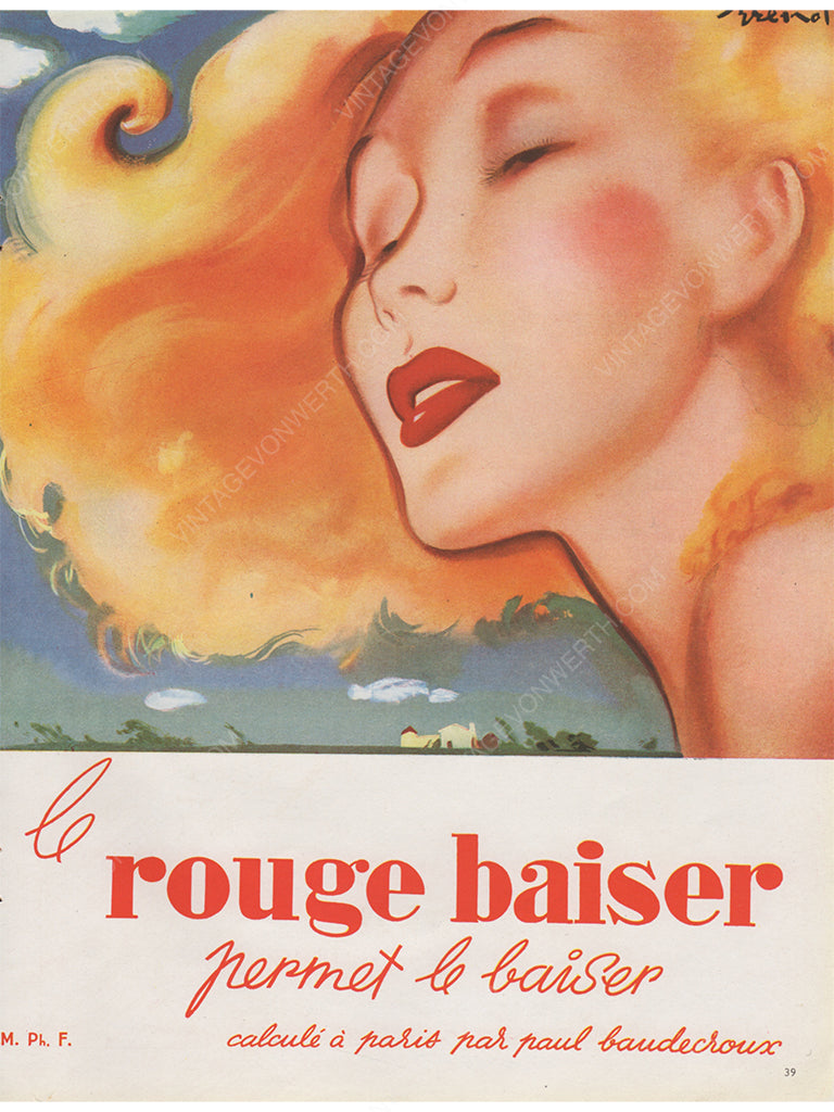 LE ROUGE BAISER 1947 Vintage Advertisement 1940s Beauty Print Ad Lipstick Makeup