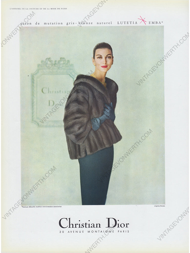 CHRISTIAN DIOR 1958 Vintage Print Magazine Advertisement Fashion Fur 1950s