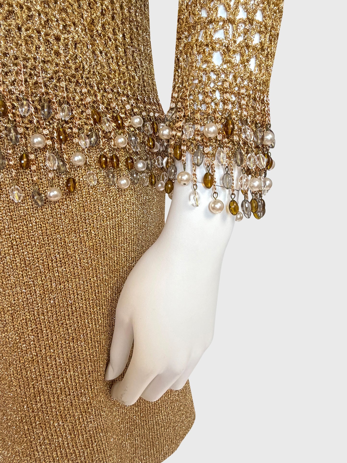 LORIS AZZARO 1970s Vintage Beaded Chainmail Crochet Top & Skirt Ensemble