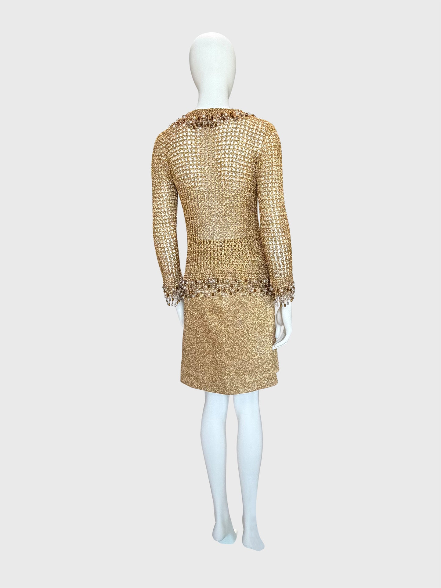 LORIS AZZARO 1970s Vintage Beaded Chainmail Crochet Top & Skirt Ensemble