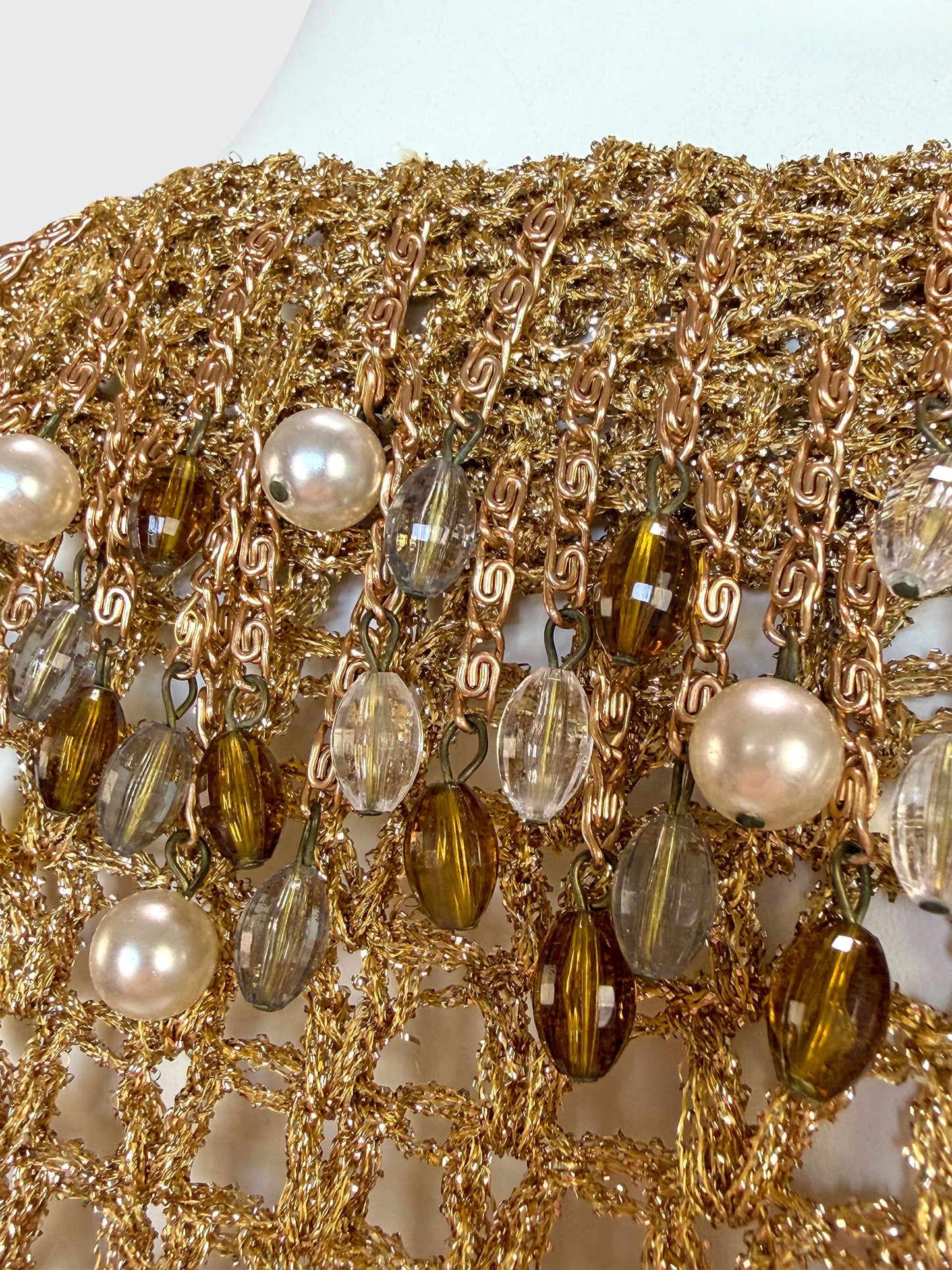 LORIS AZZARO 1970s Vintage Beaded Chainmail Crochet Top & Skirt Ensemble