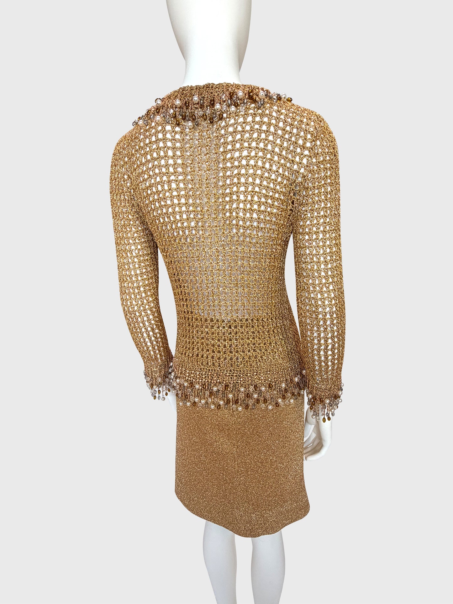 LORIS AZZARO 1970s Vintage Beaded Chainmail Crochet Top & Skirt Ensemble