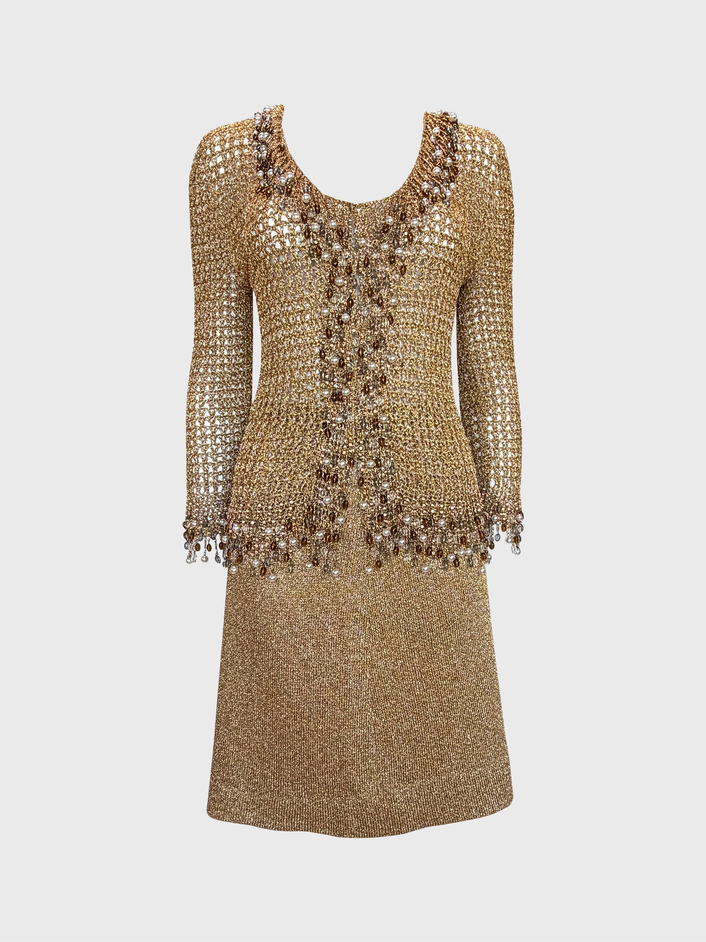 LORIS AZZARO 1970s Vintage Beaded Chainmail Crochet Top & Skirt Ensemble