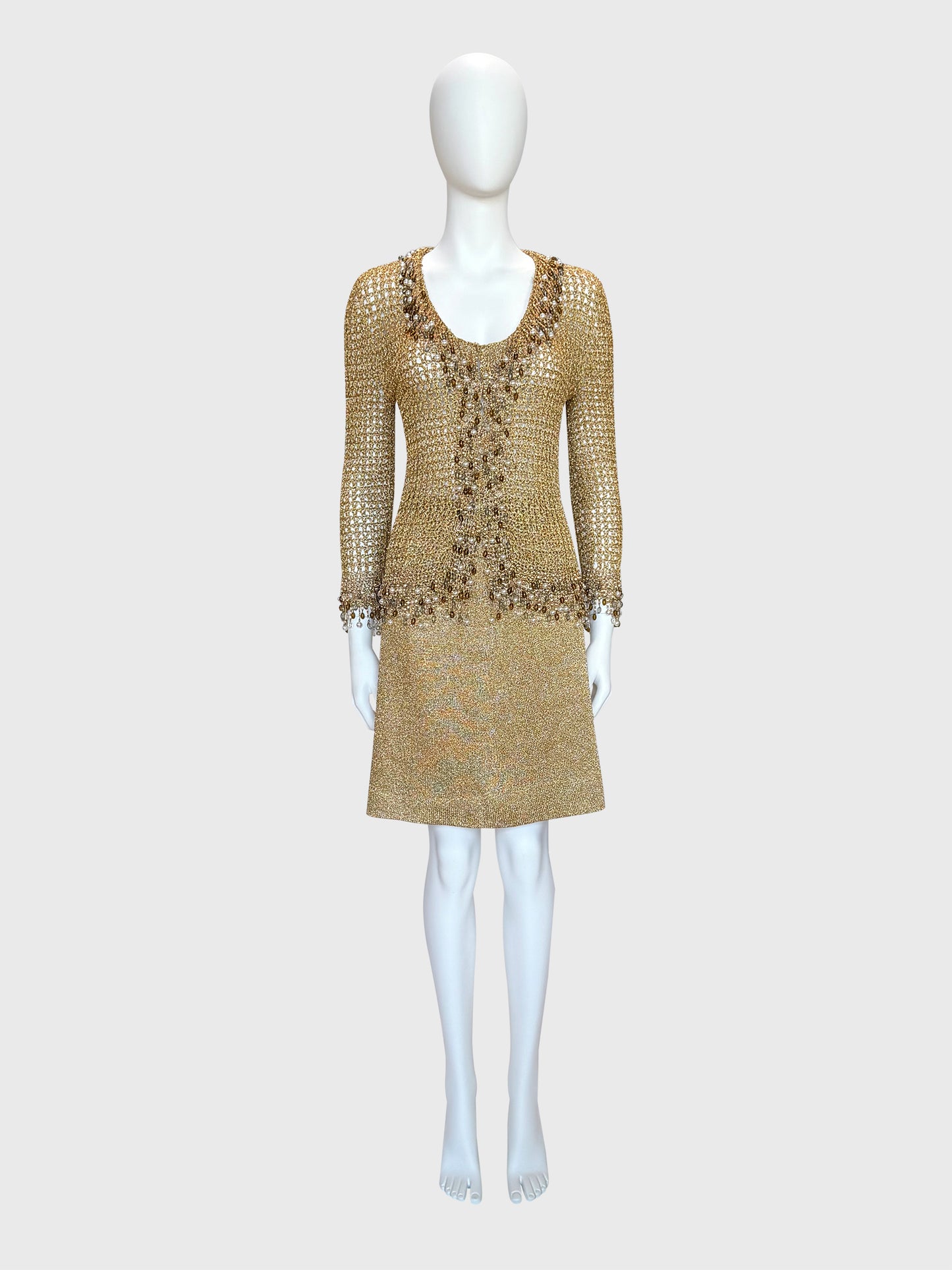 LORIS AZZARO 1970s Vintage Beaded Chainmail Crochet Top & Skirt Ensemble