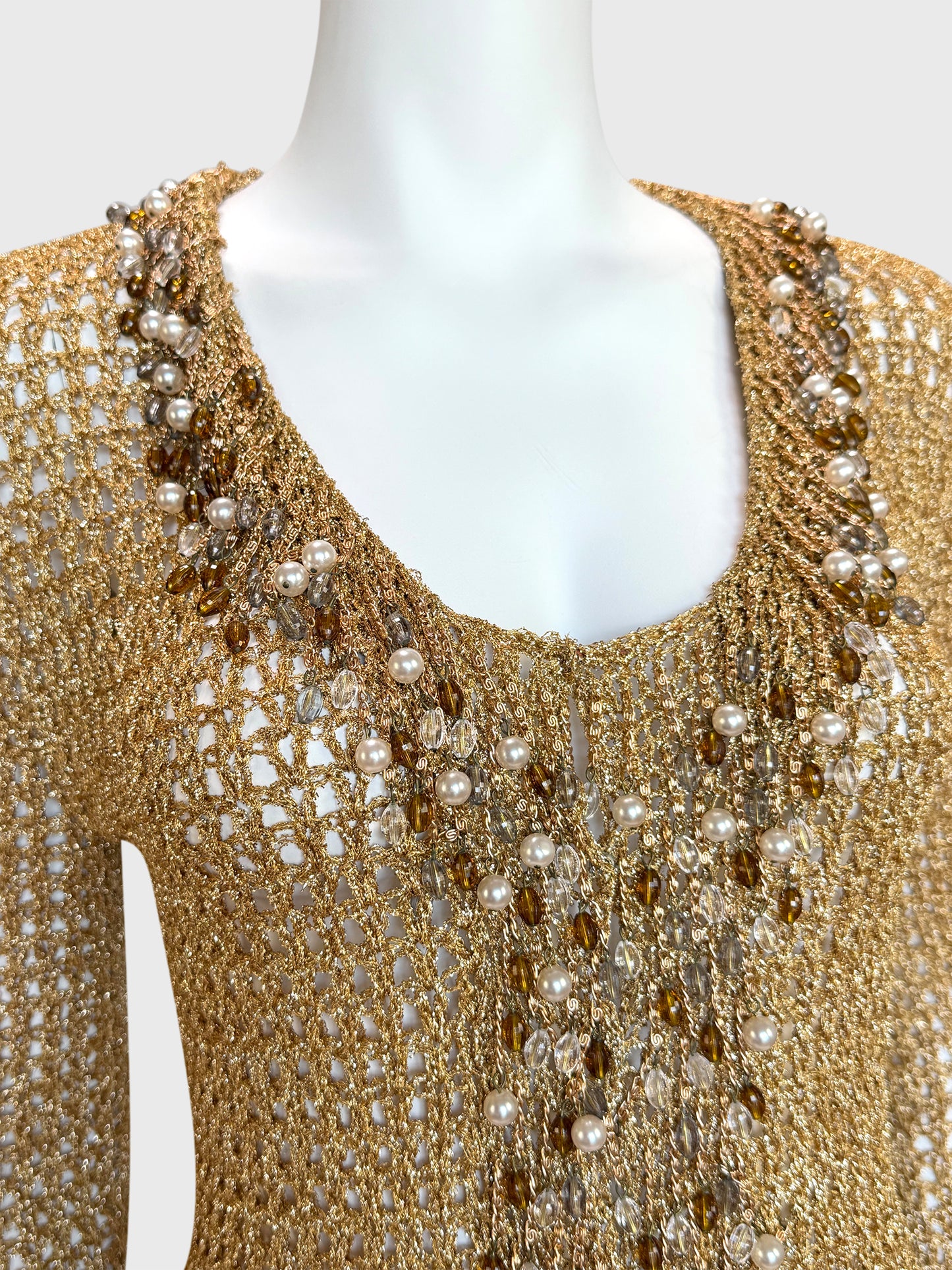 LORIS AZZARO 1970s Vintage Beaded Chainmail Crochet Top & Skirt Ensemble
