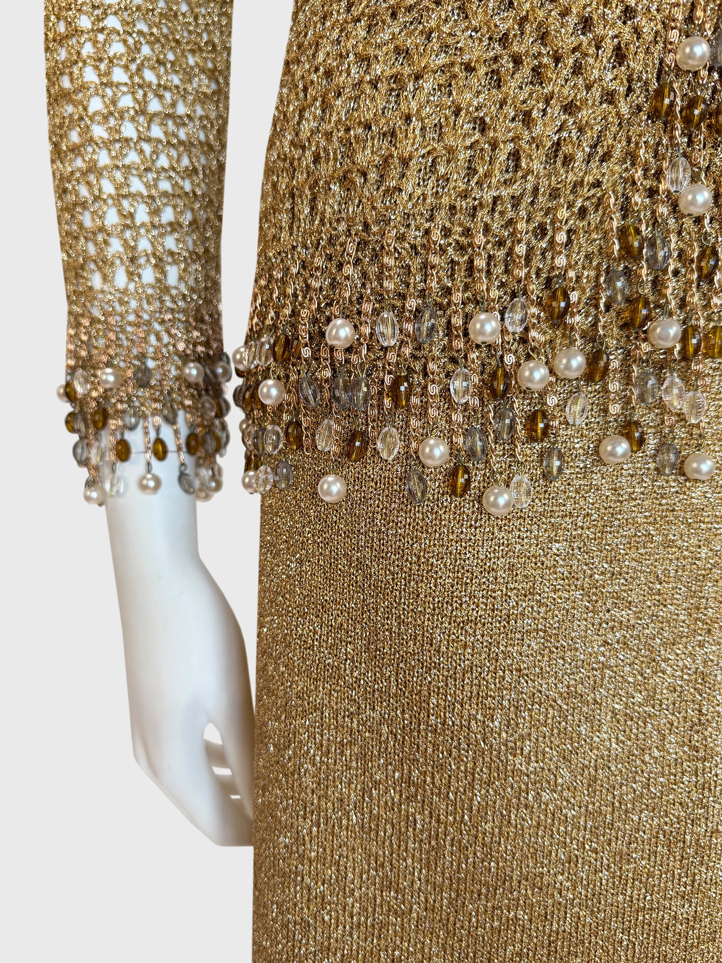 LORIS AZZARO 1970s Vintage Beaded Chainmail Crochet Top & Skirt Ensemble
